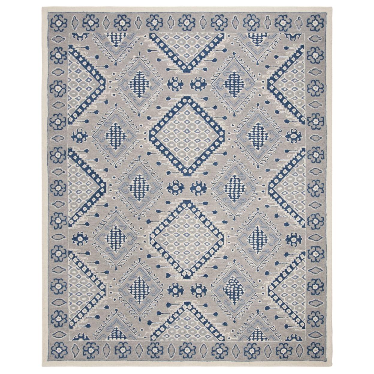 Handmade Light Grey and Blue Wool Area Rug, 8' x 10'