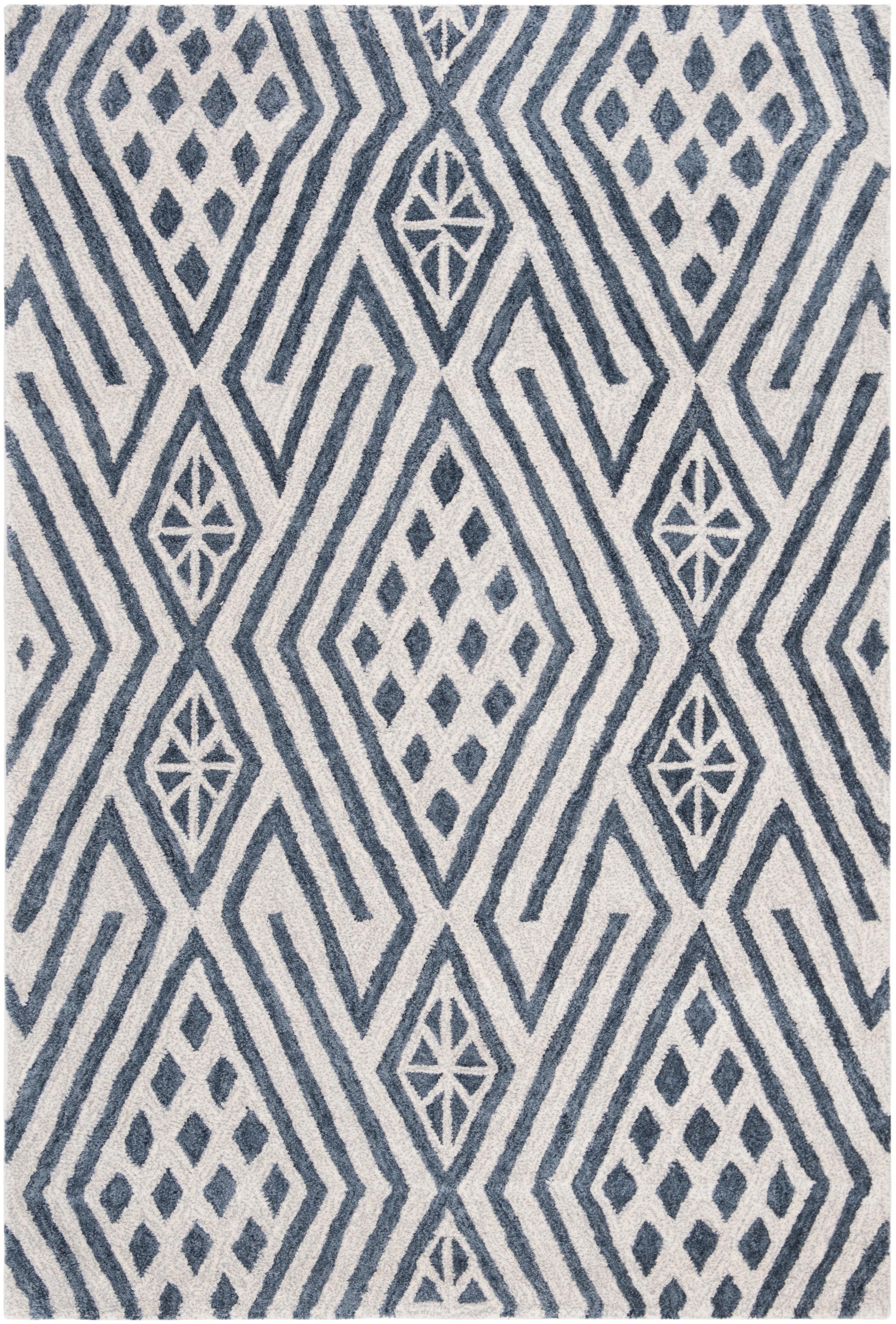 SAFAVIEH Micro-Loop Lynwood Geometric Wool Area Rug, Blue/Ivory, 2'6" x 4'