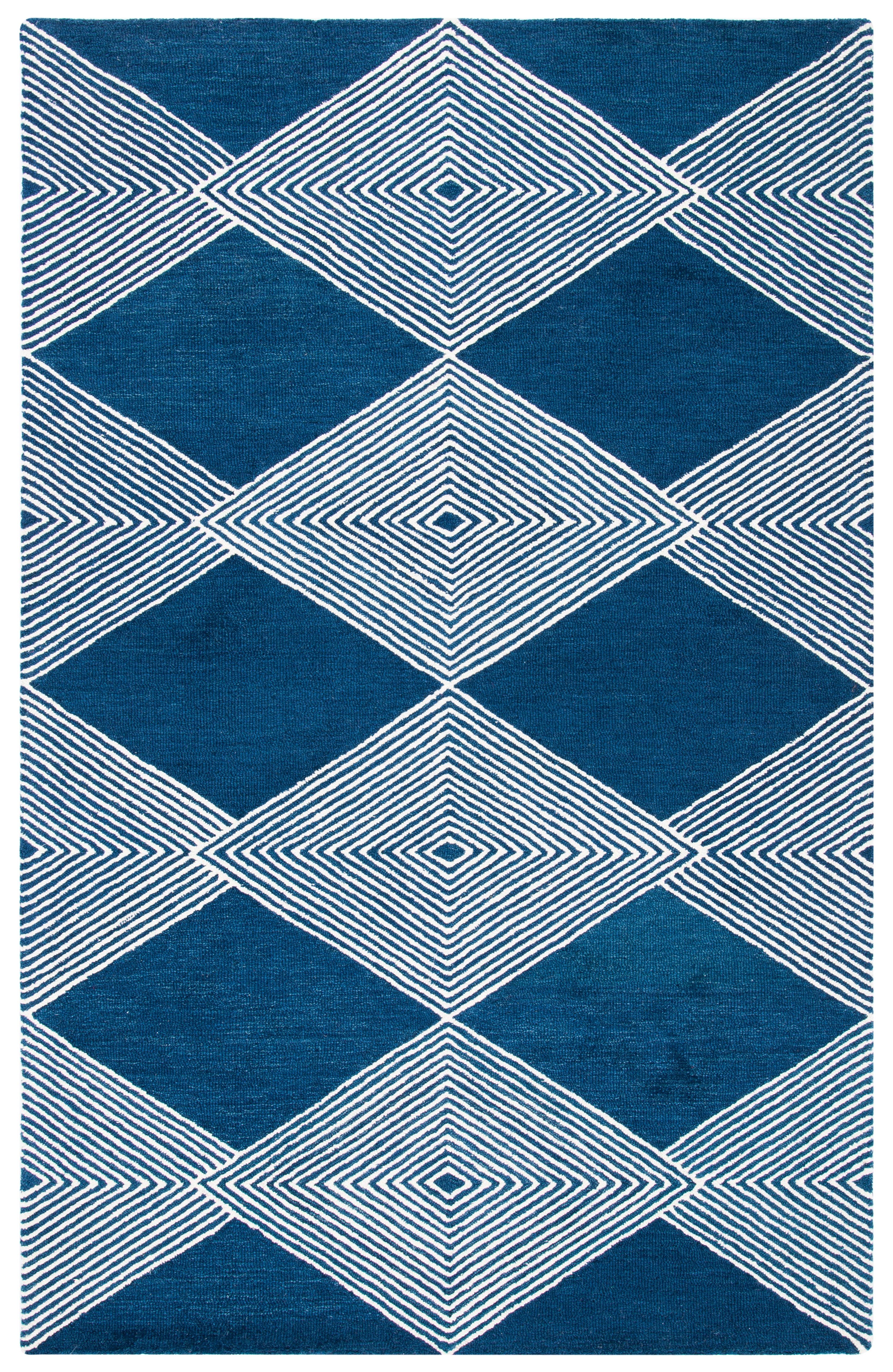 Ivory and Navy Diamond Pattern Hand-Tufted Wool Rug, 8' x 10'