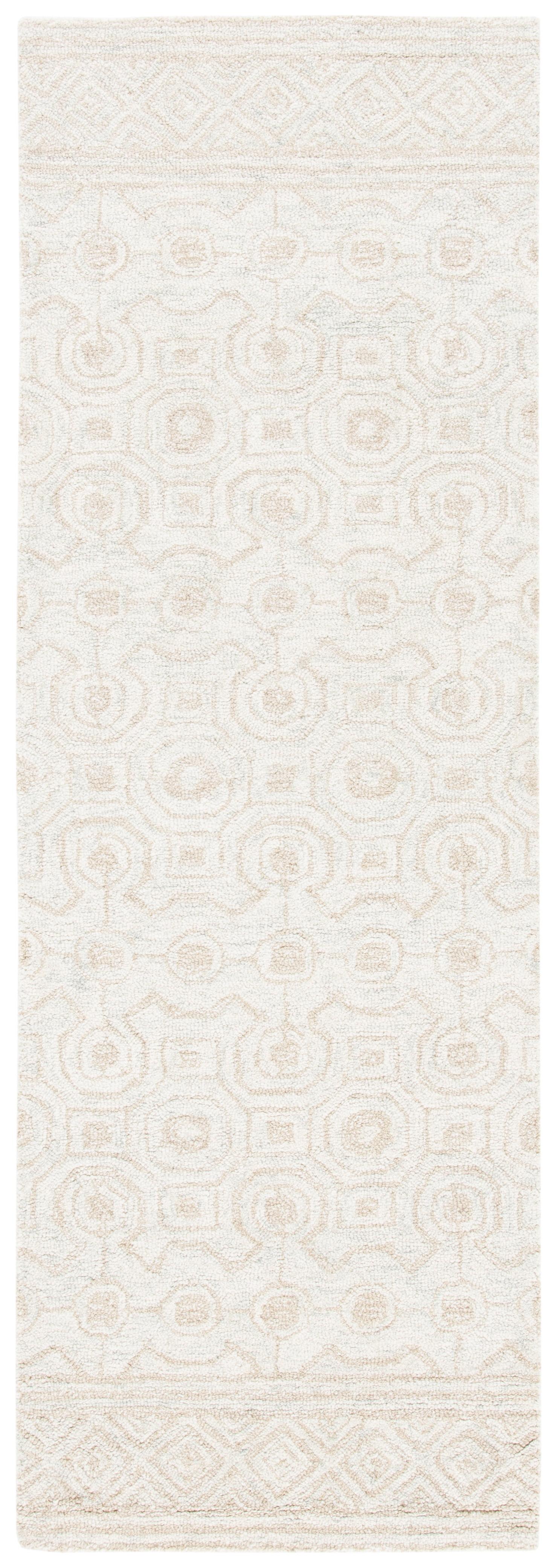 Ivory and Light Green Hand-Tufted Wool Geometric Runner Rug