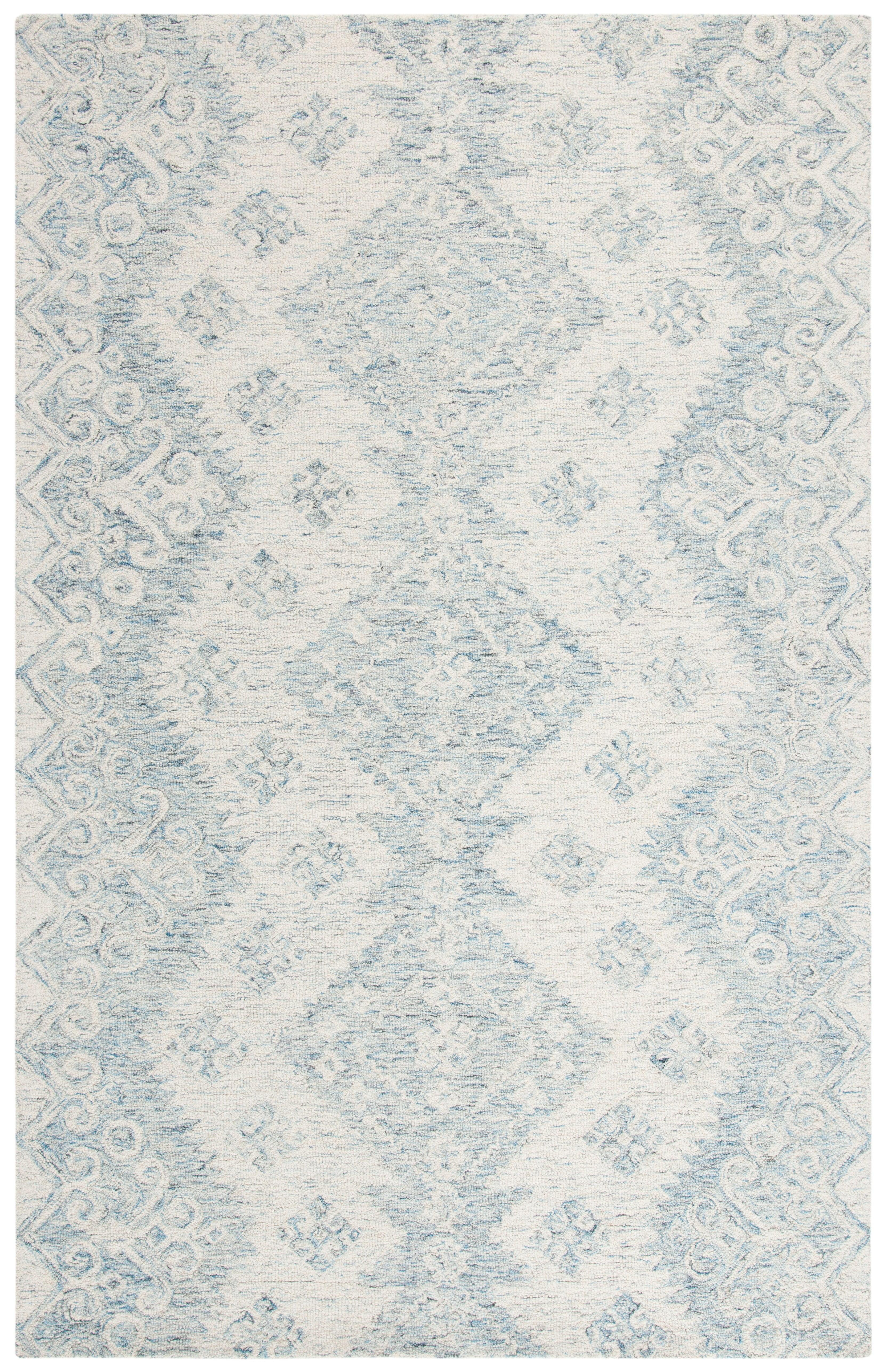 Ivory and Blue Handmade Wool Geometric Area Rug