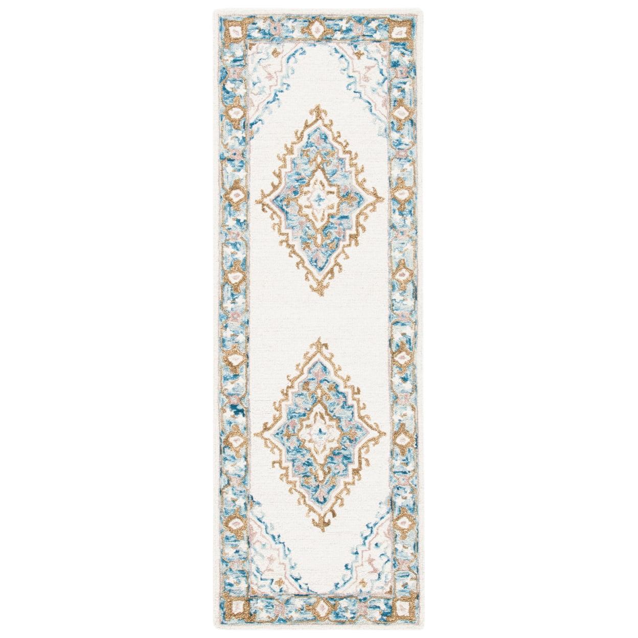 Ivory and Blue Handmade Wool Tufted Rug Runner