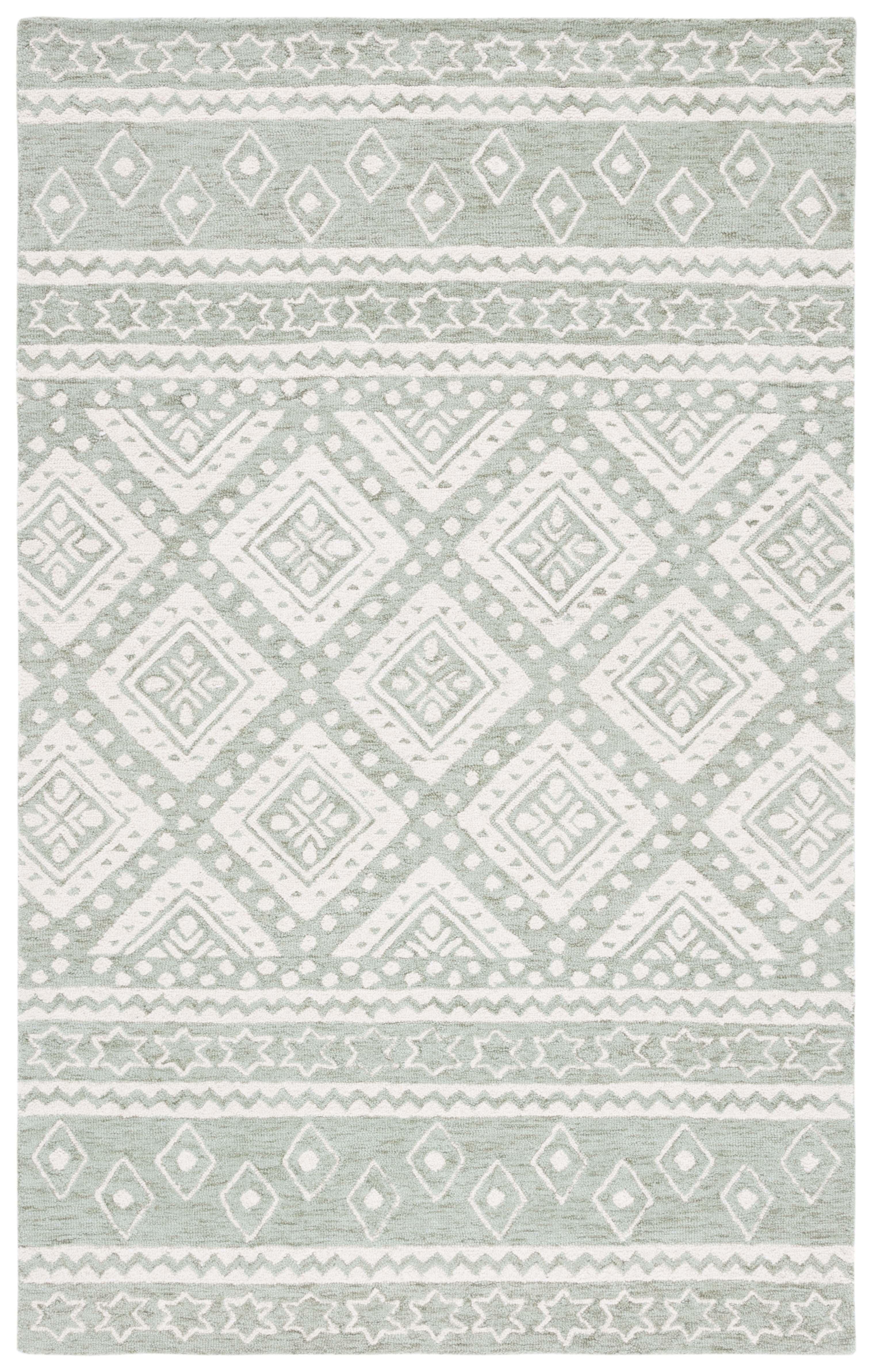 Sage and Ivory Geometric Tufted Wool Area Rug, 8' x 10'