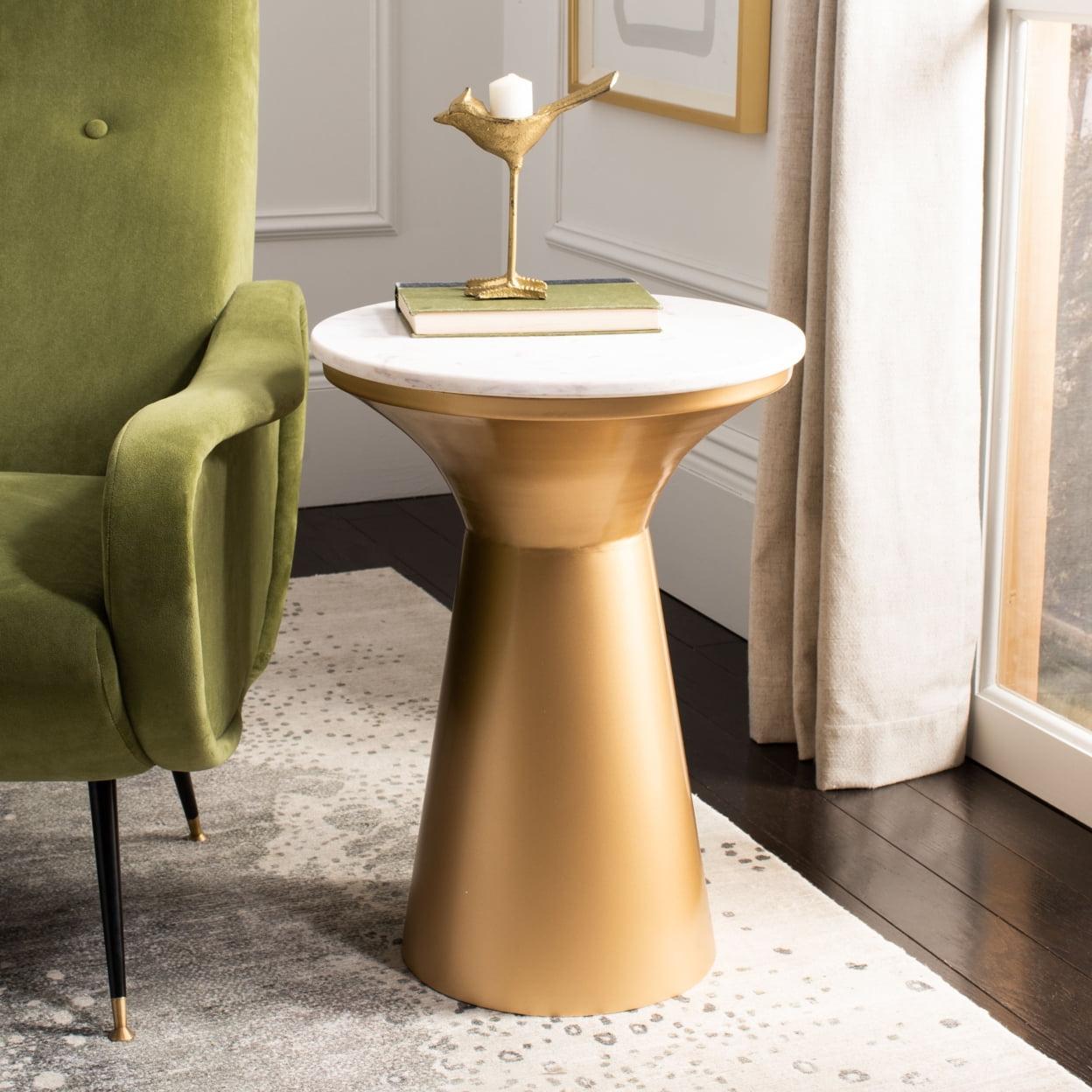 Transitional 16" Round White Marble & Brass Pedestal End Table