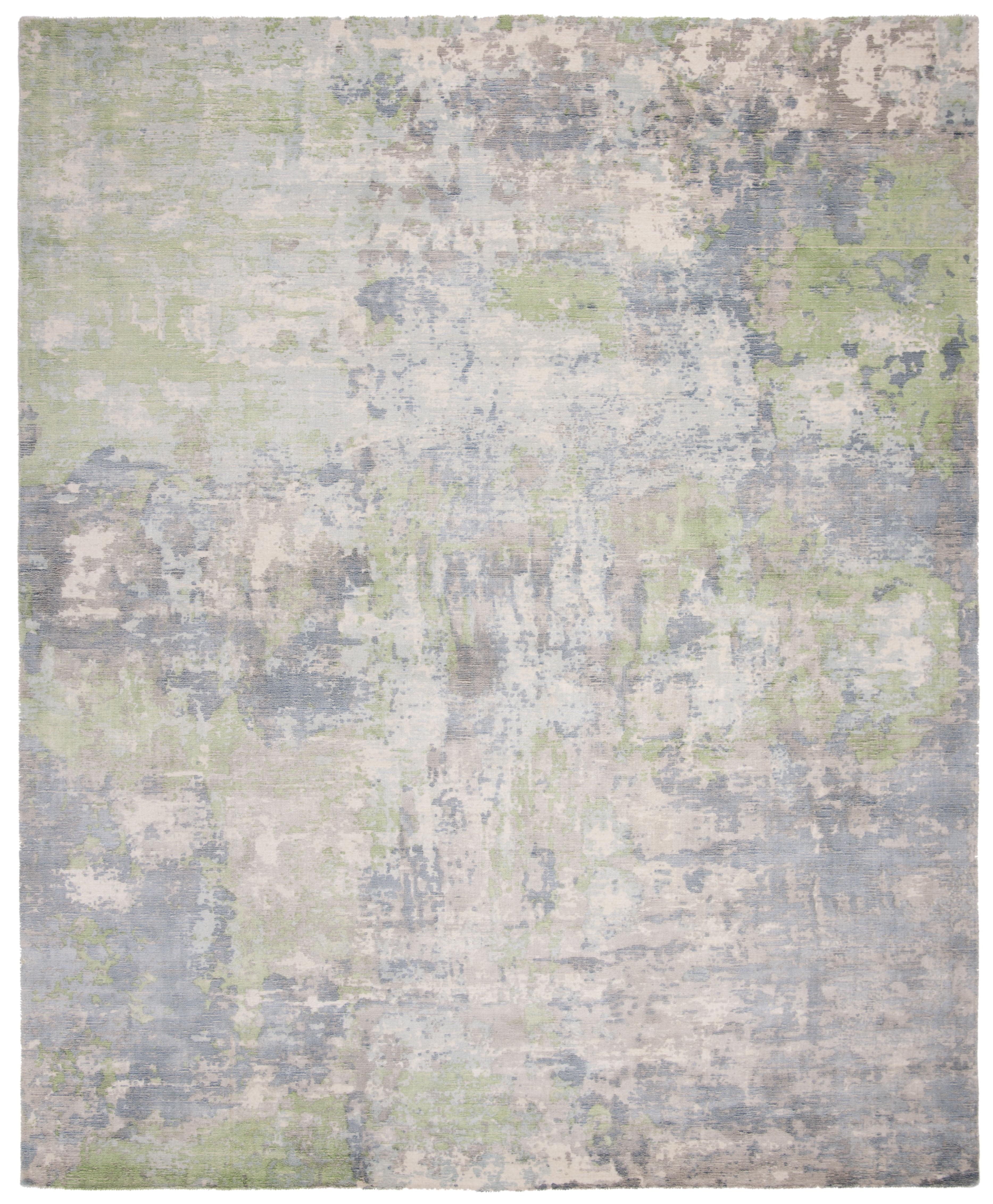 Aqua and Green Abstract Wool Viscose 9' x 12' Rug