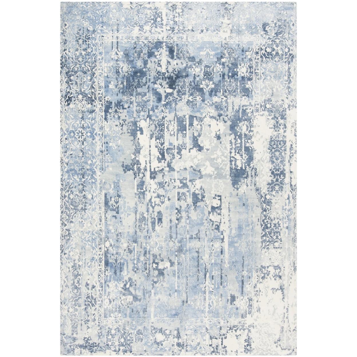 Ivory and Blue Abstract Hand-Knotted Wool Viscose Rug, 6' x 9'