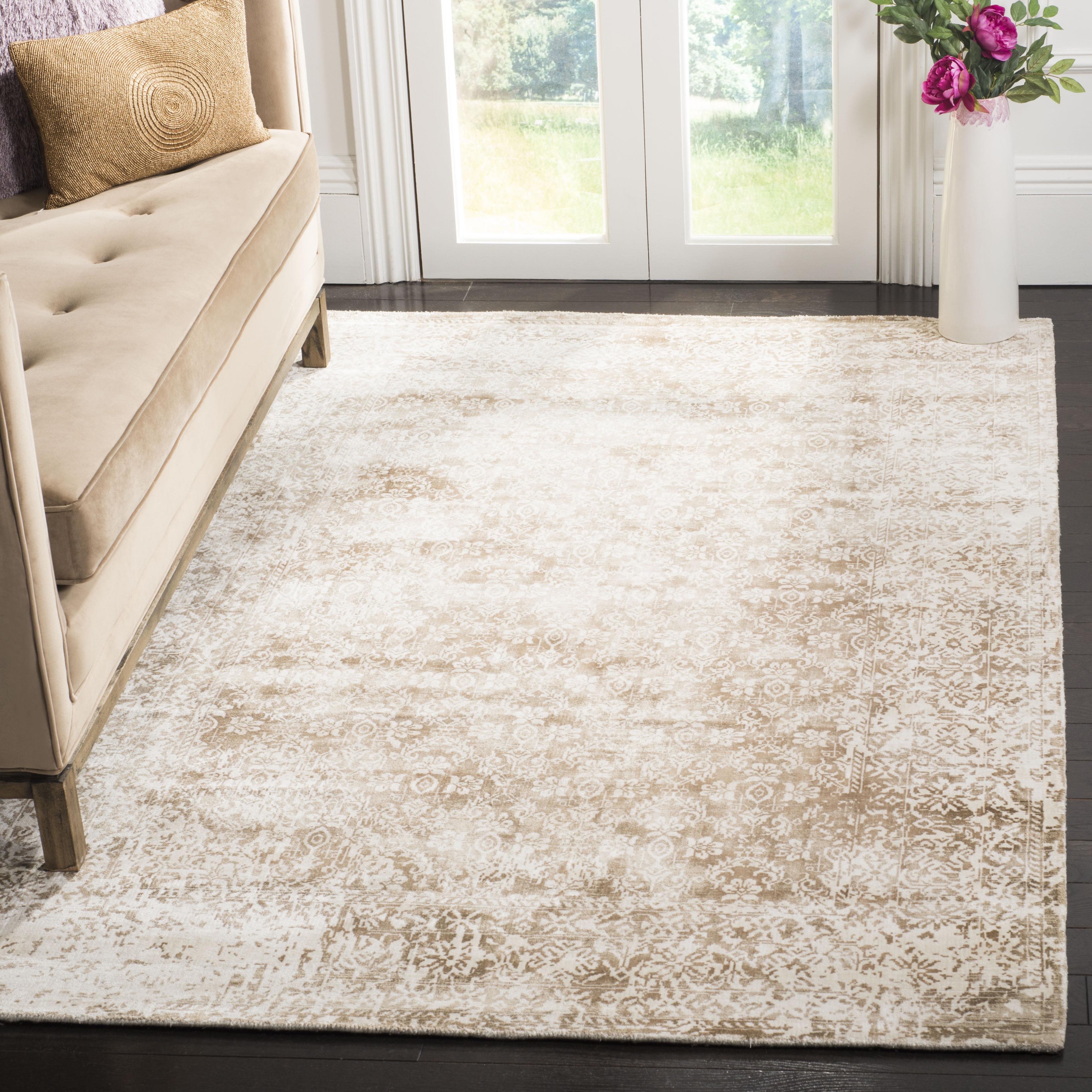 Ivory and Beige Hand-Knotted Wool and Viscose 9' x 12' Rug