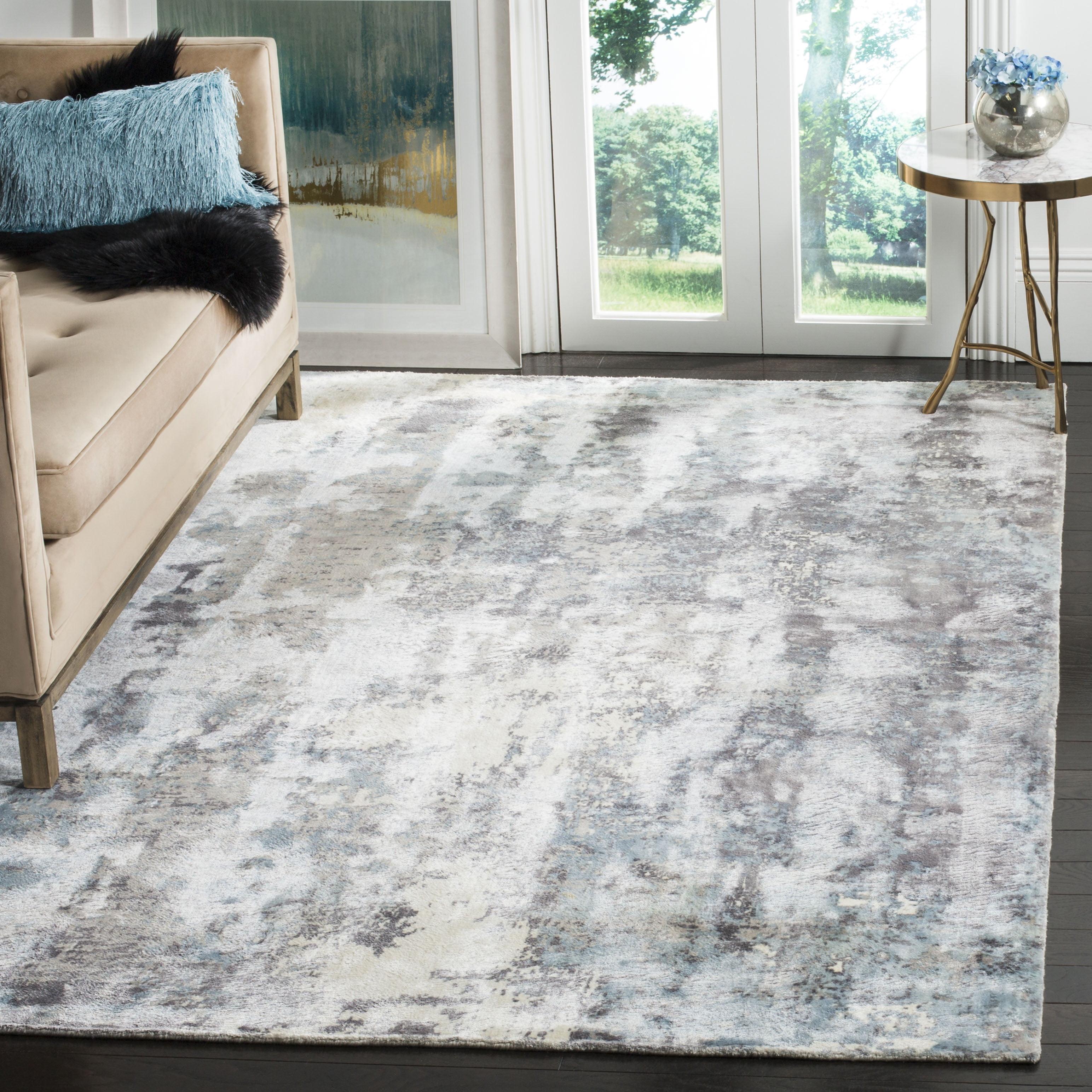 Ivory and Blue Hand-Knotted Viscose Area Rug, 6' x 9'