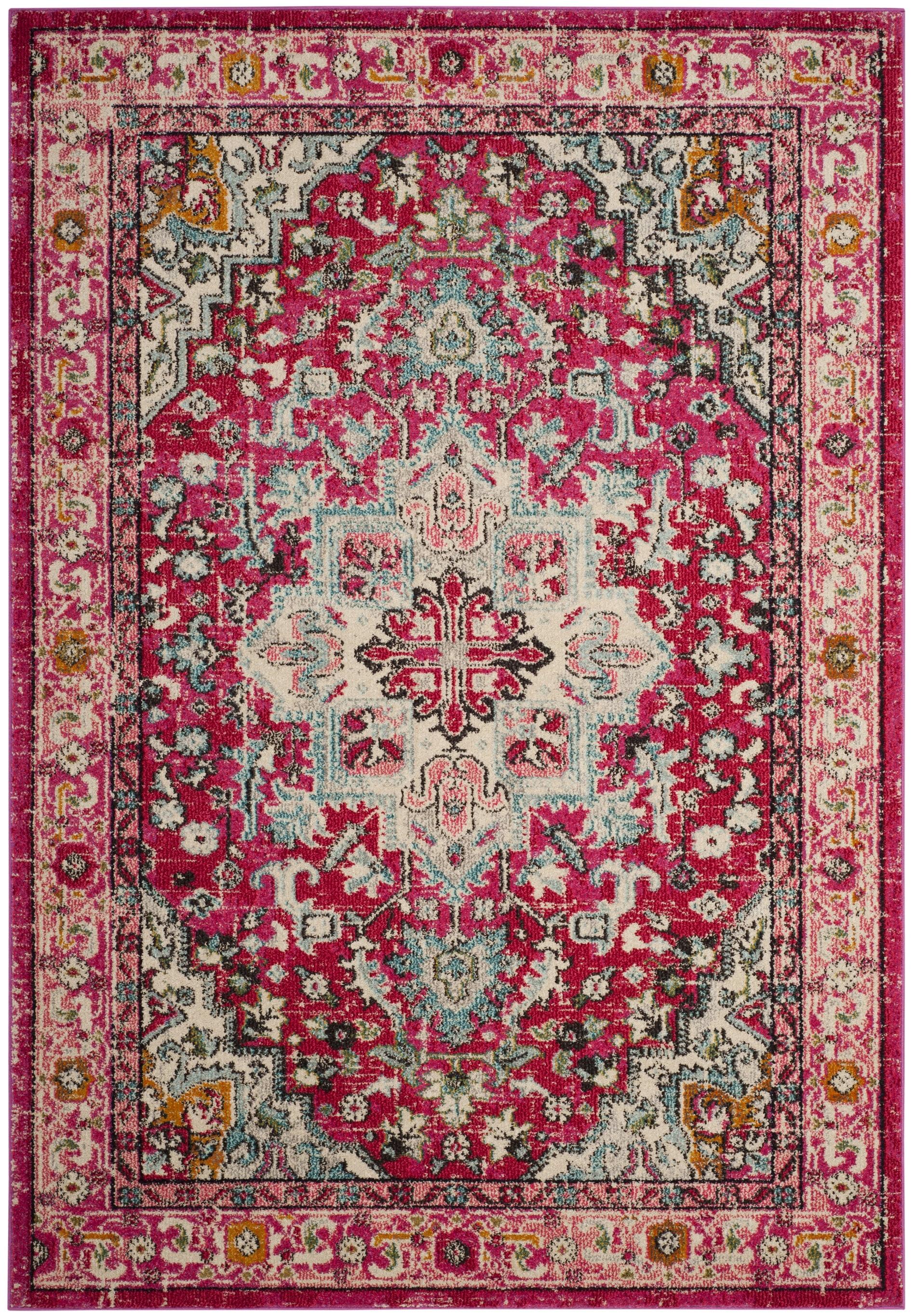 Bohemian Flair Light Blue & Fuchsia Round Synthetic Area Rug, 6'7" x 9'2"