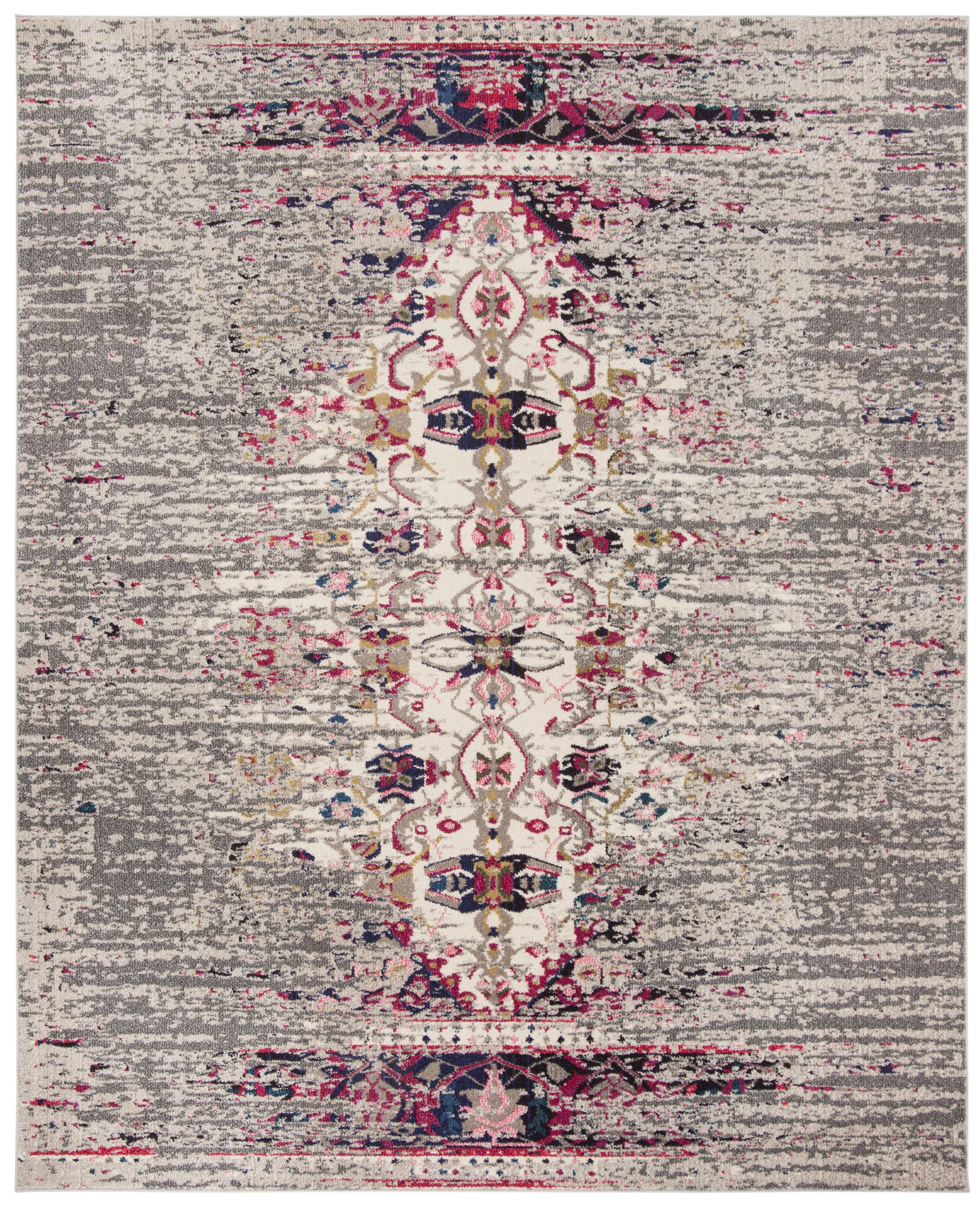 Grey and Ivory Floral Motif Synthetic Area Rug