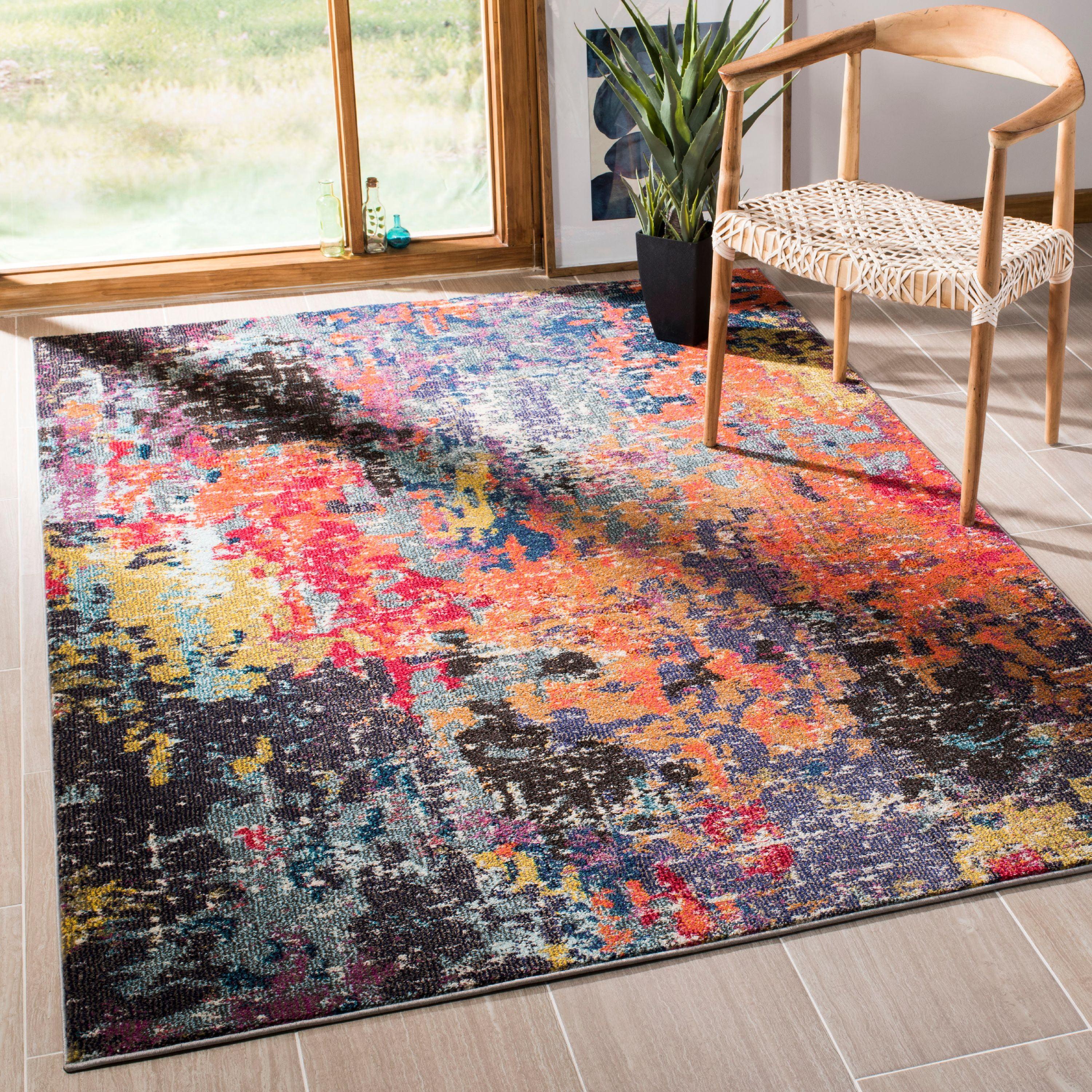 Vibrant Blue and Orange Synthetic Rectangular Runner Rug