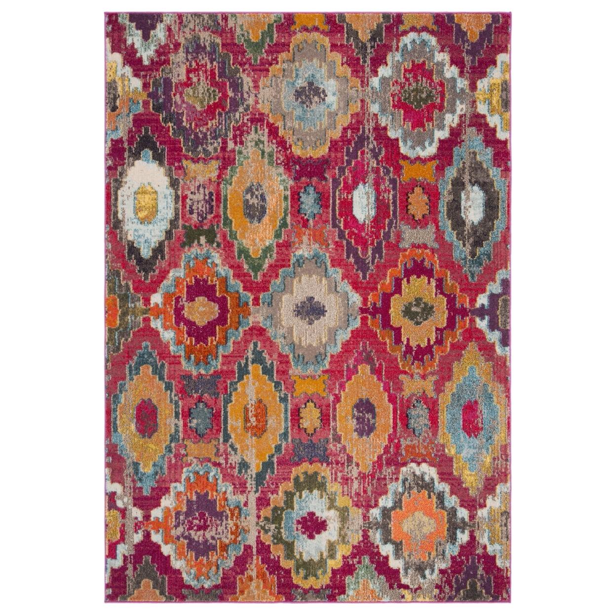 Red and Blue Synthetic Boho-Chic Geometric Area Rug, 9' x 12'