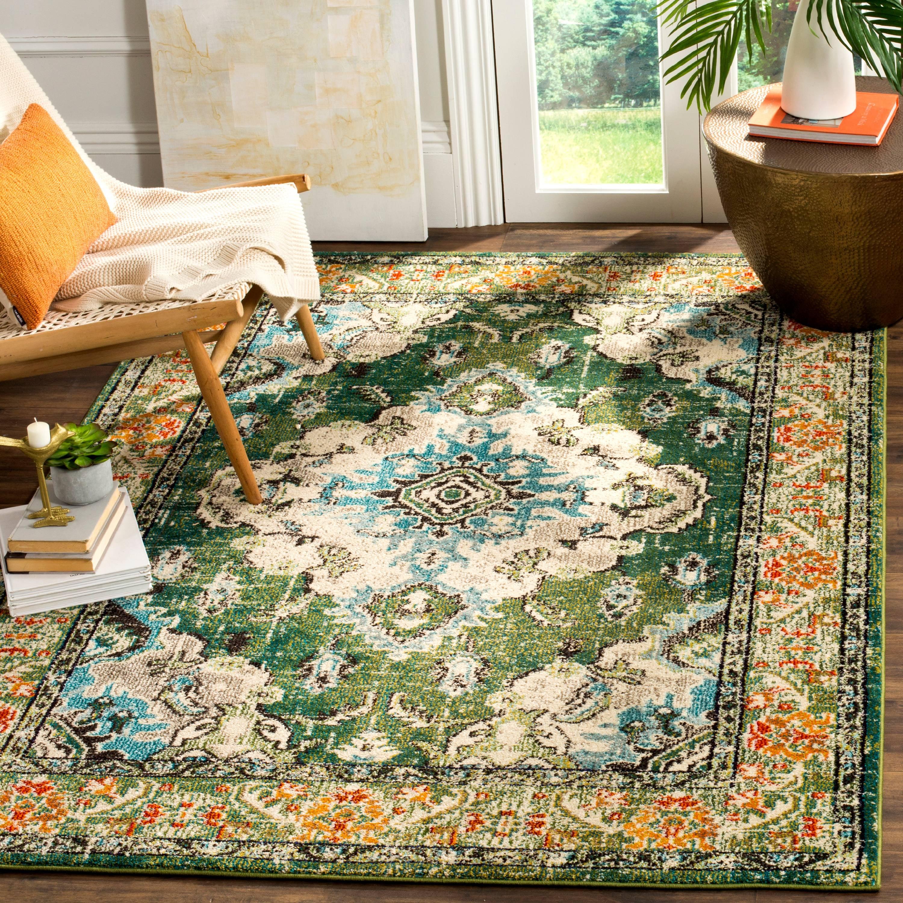 Bohemian Chic Light Blue & Forest Green Synthetic Area Rug - 5'1" x 7'7"