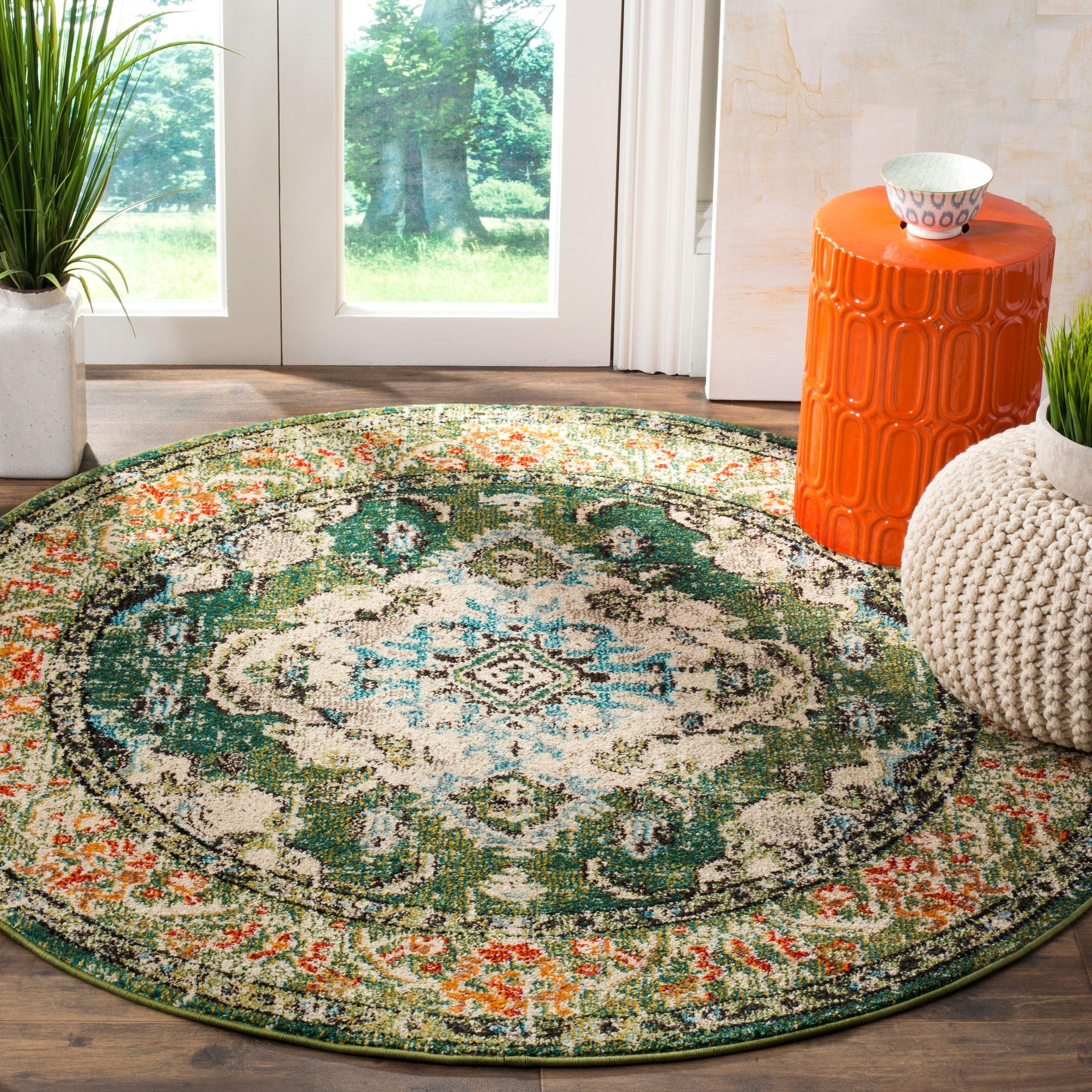 Forest Green and Light Blue Round Medallion Synthetic Rug