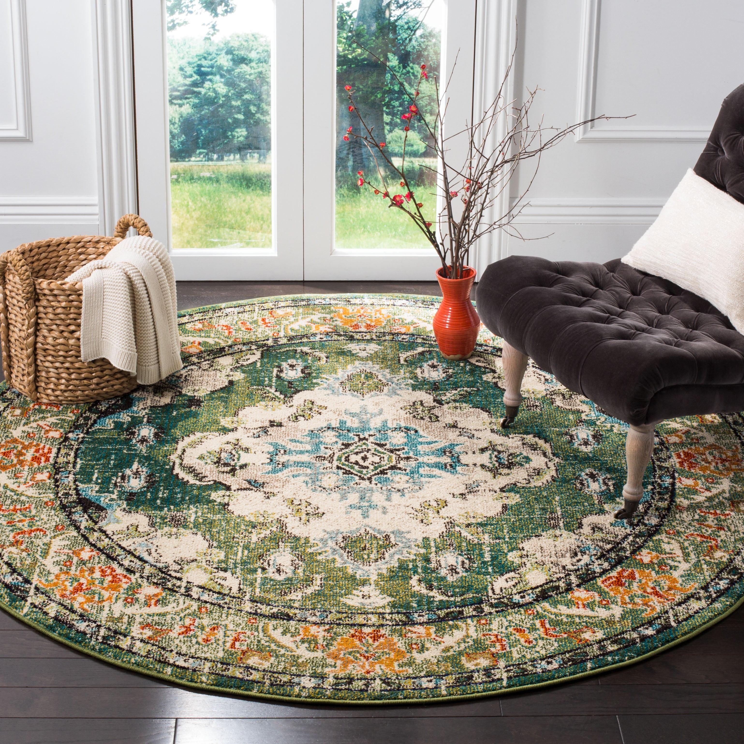 Light Blue Floral Round Synthetic Non-slip Rug