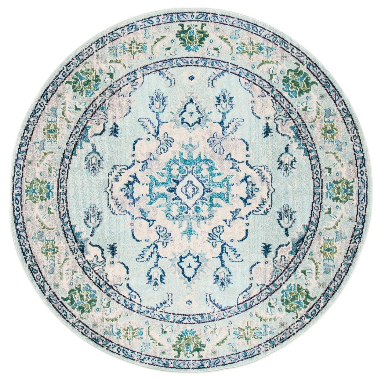 Ivory and Light Blue Round Medallion Synthetic Area Rug