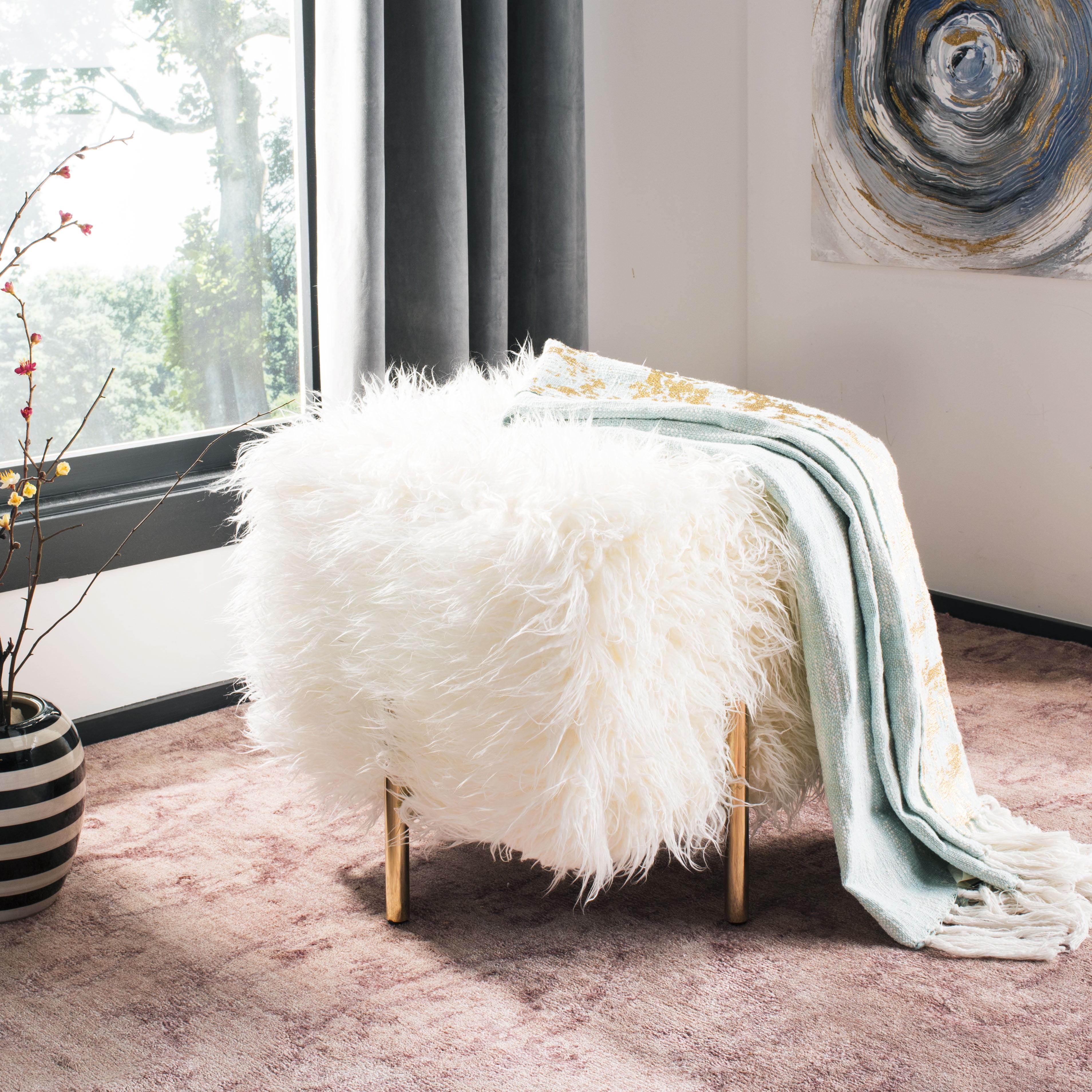 Posh White Faux Fur and Brass Square Ottoman