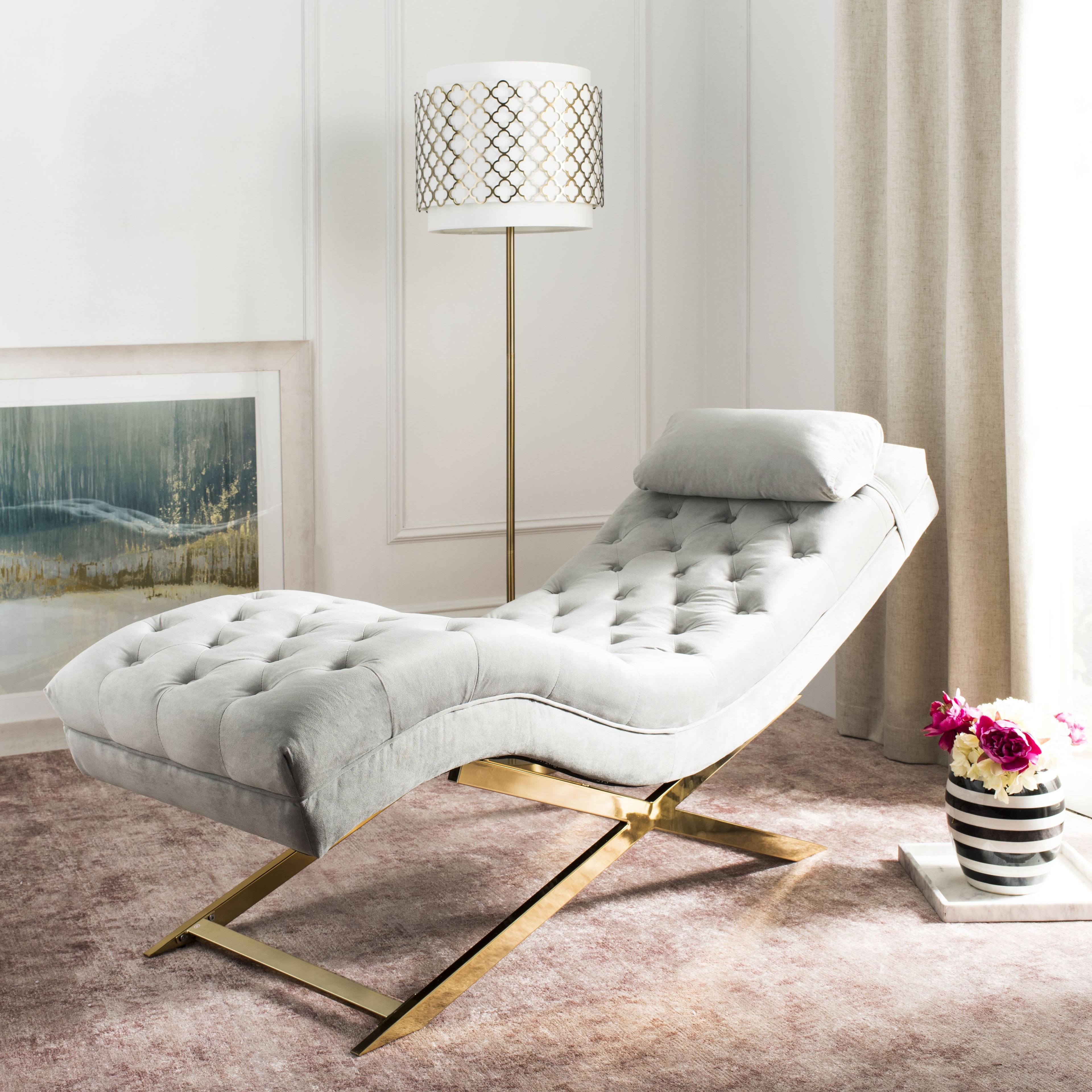 Grey Velvet Chaise with Gold Frame and Headrest