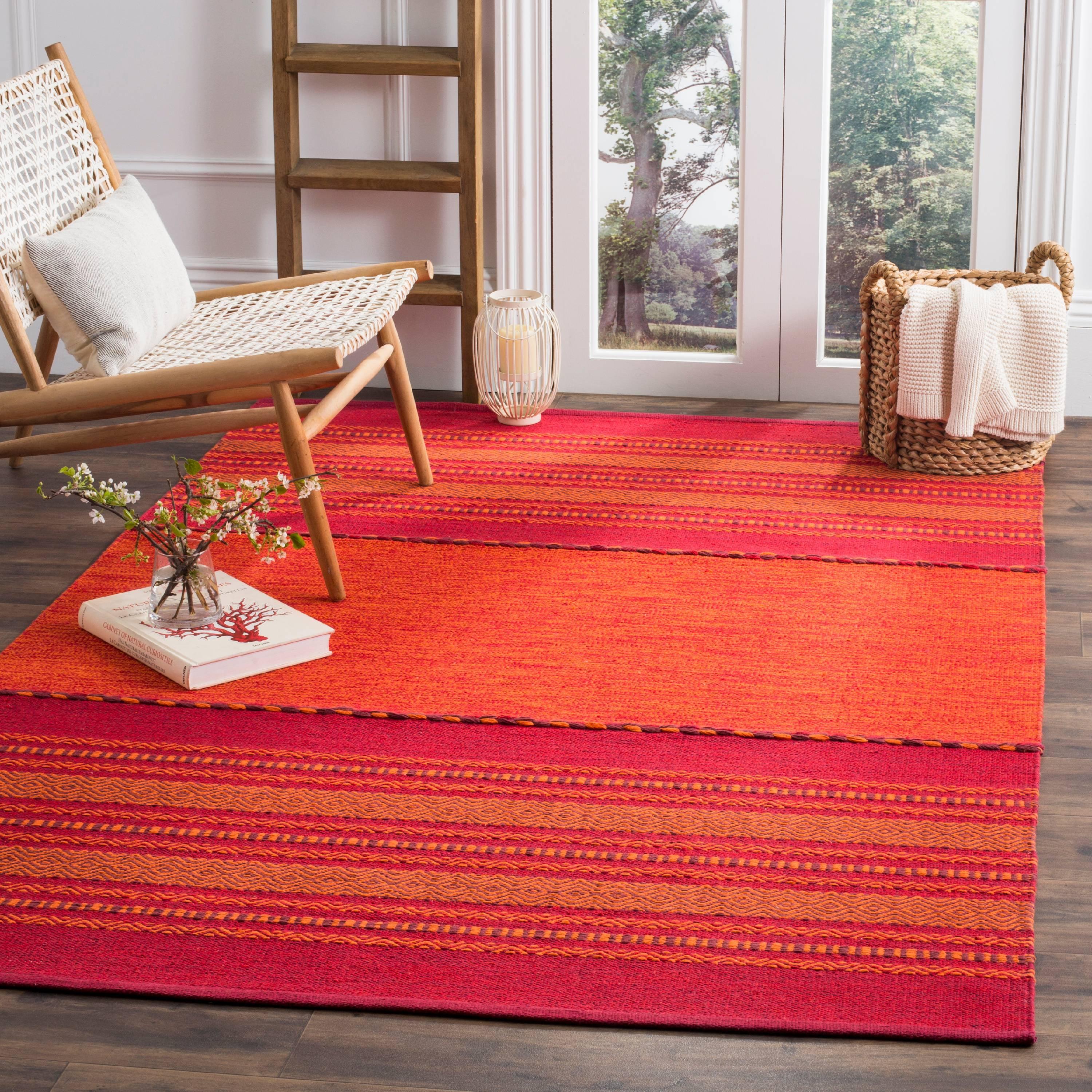 Coastal Charm Hand-Woven Orange Stripe Cotton Area Rug 3' x 5'