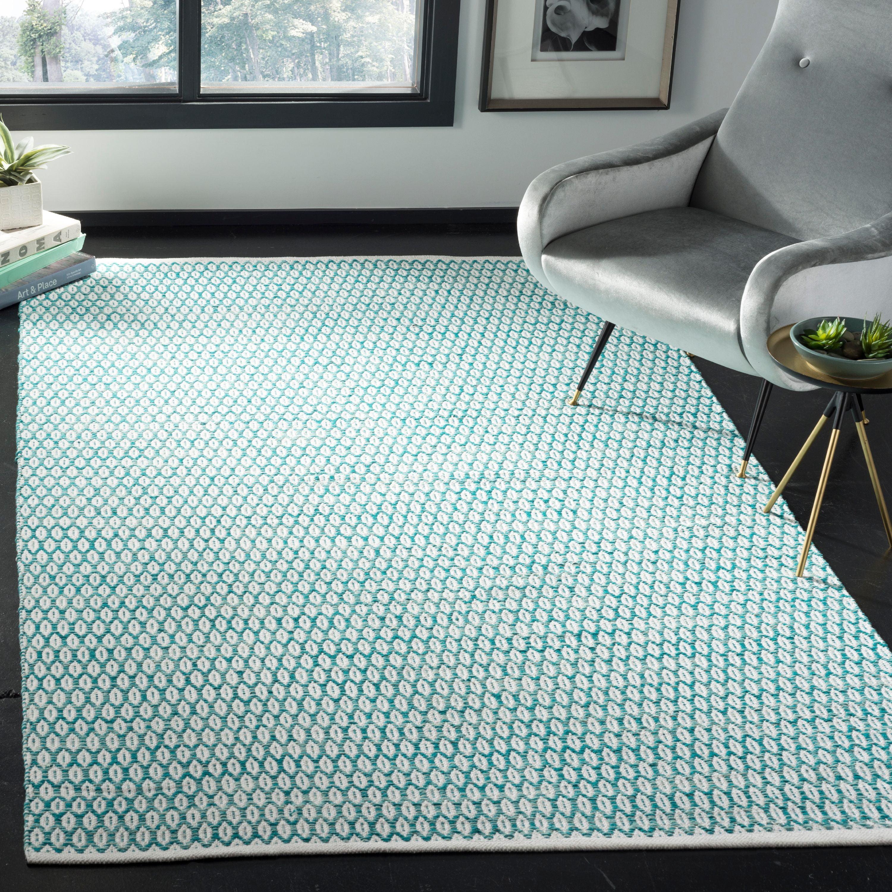 Aqua and Ivory Handwoven Cotton Wool Area Rug, 5' x 8'