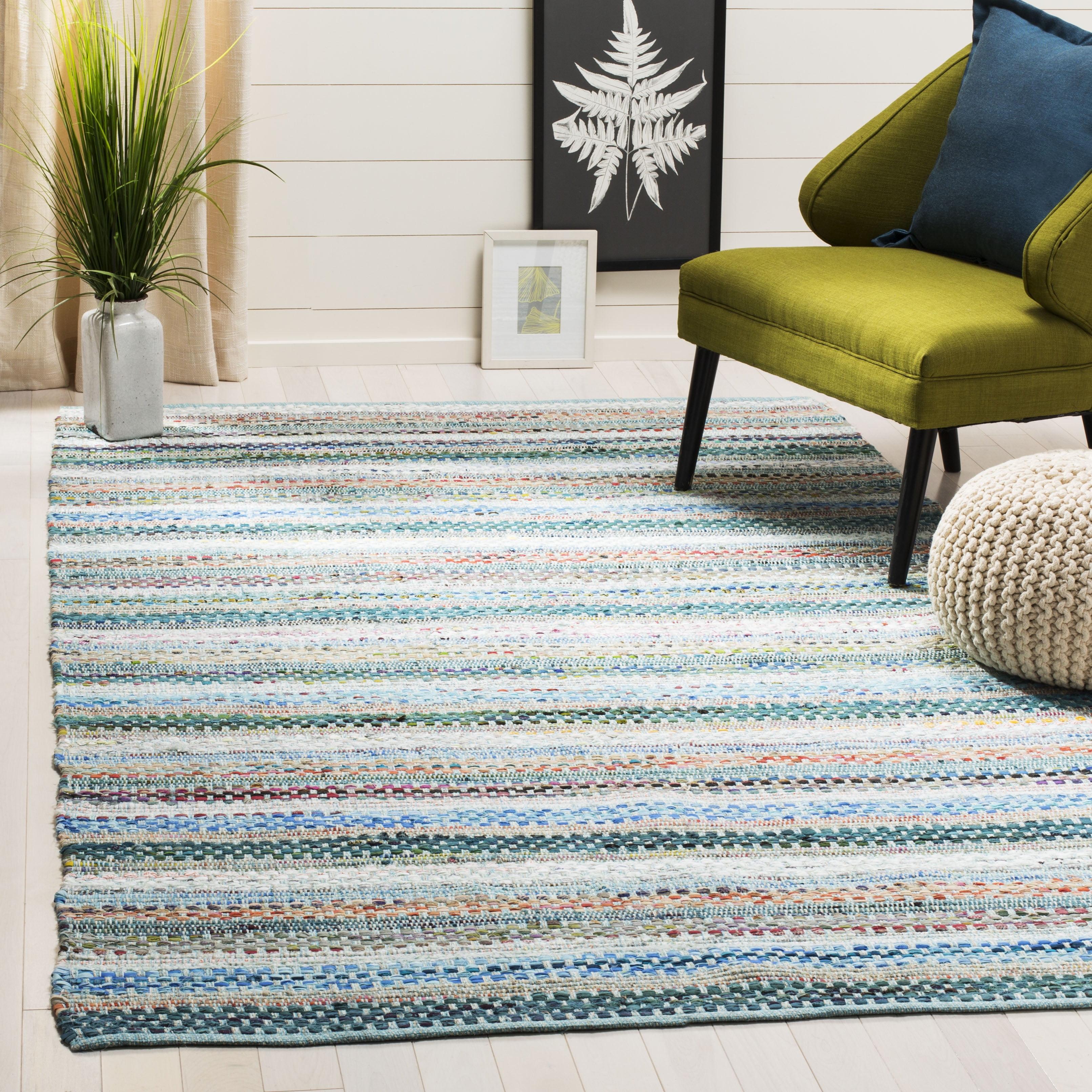 Coastal Breeze Aqua Stripe Hand-Woven Cotton 5' x 8' Area Rug