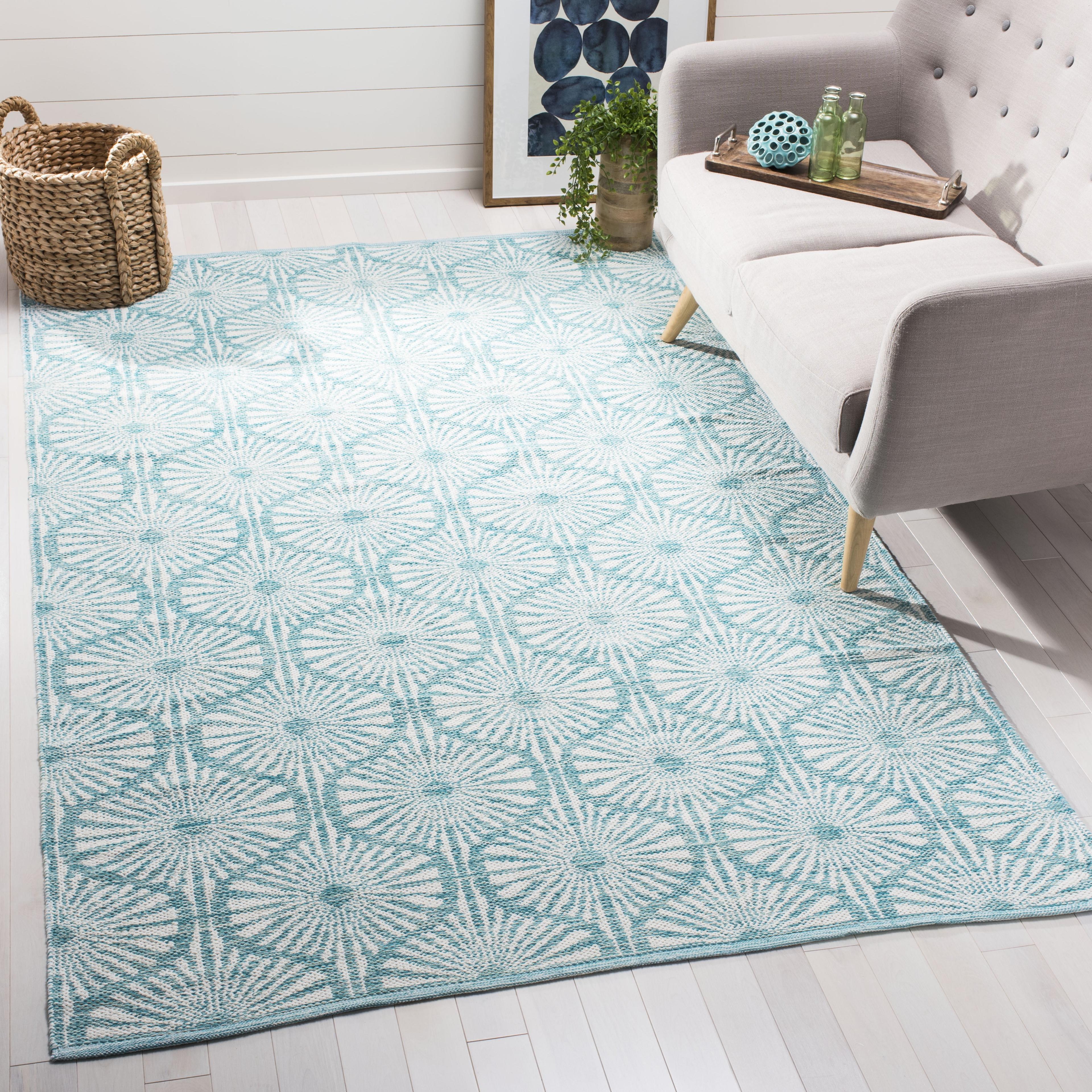 Aqua and Ivory Coastal Charm Handwoven Wool-Cotton Blend Rug 8' x 10'