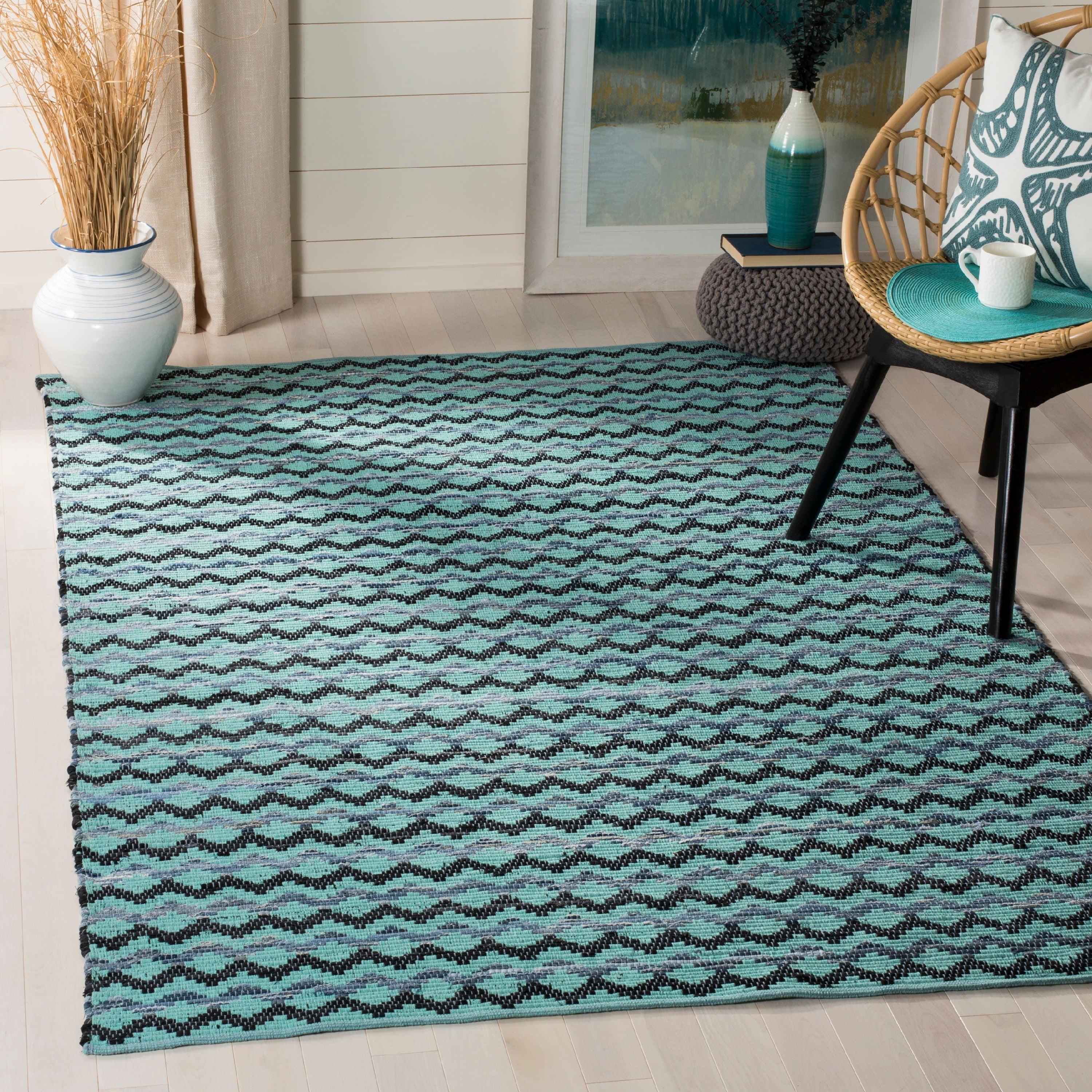 Handwoven Coastal Charm Cotton Square Rug - Black, Turquoise, and Blue