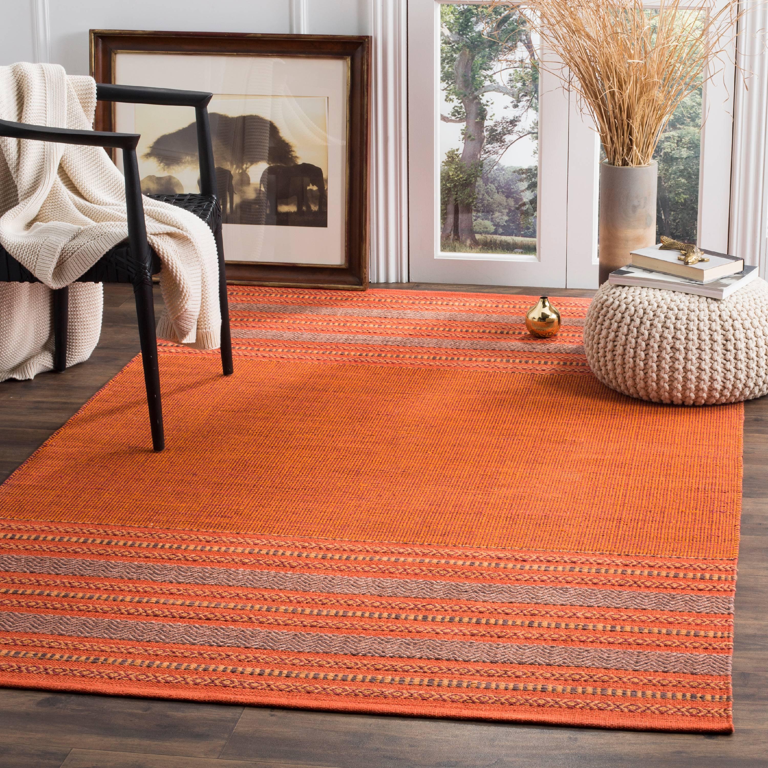 Burnt Orange and Red Handwoven Wool Cotton Striped Area Rug