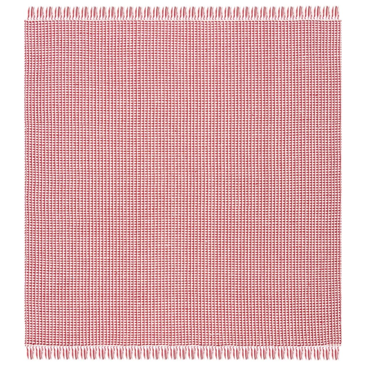 Ivory and Red Cotton 4' Square Handwoven Montauk Rug