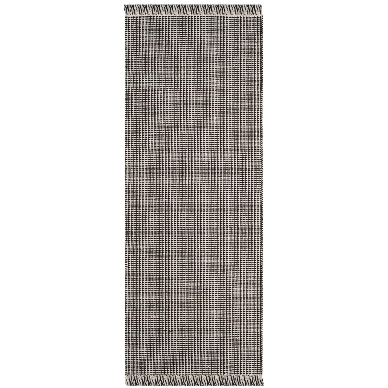 Ivory and Black Flat Woven Cotton Area Rug, 2'3" x 22'