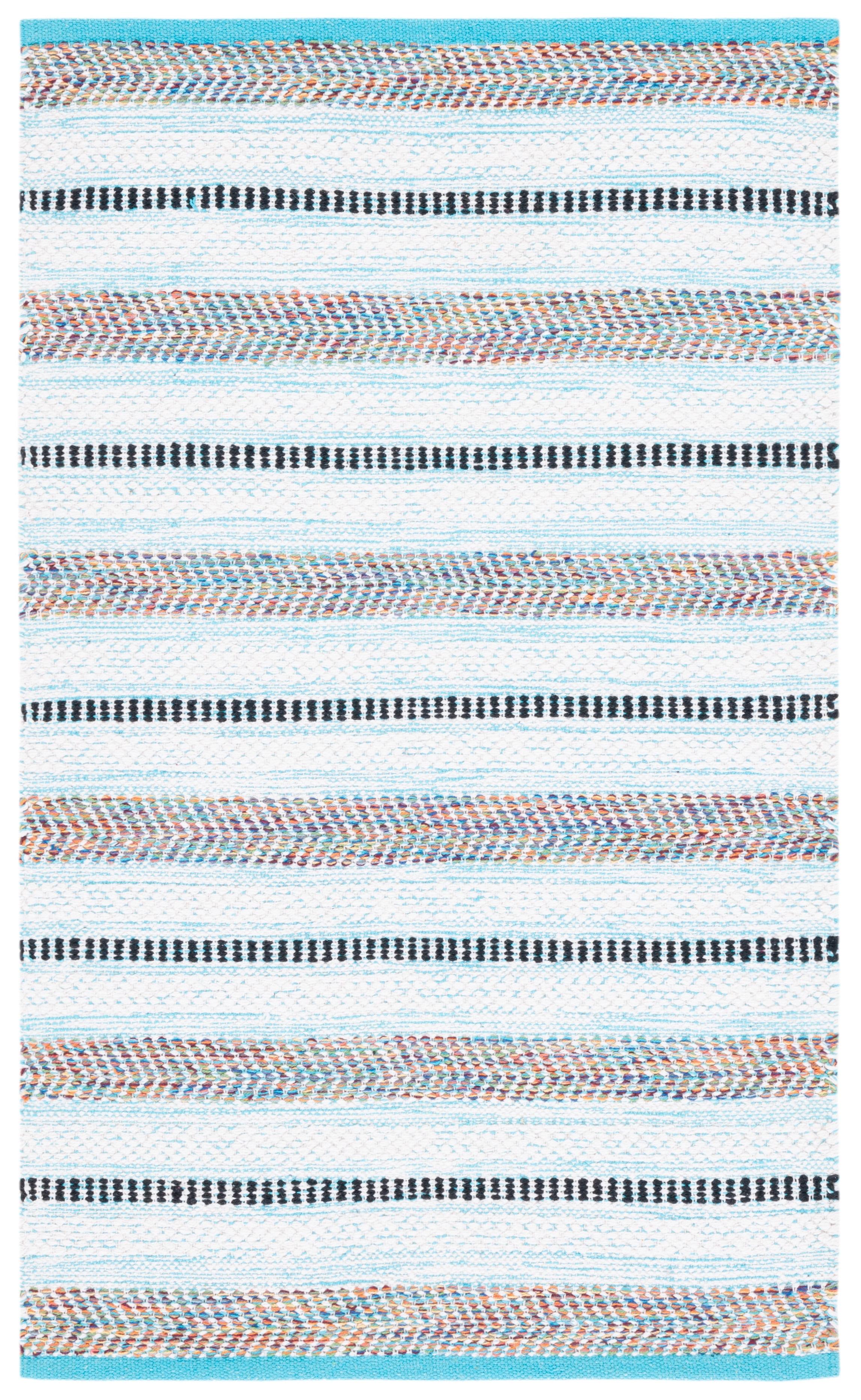 Ivory and Turquoise Handwoven Cotton Area Rug, 2' x 3'