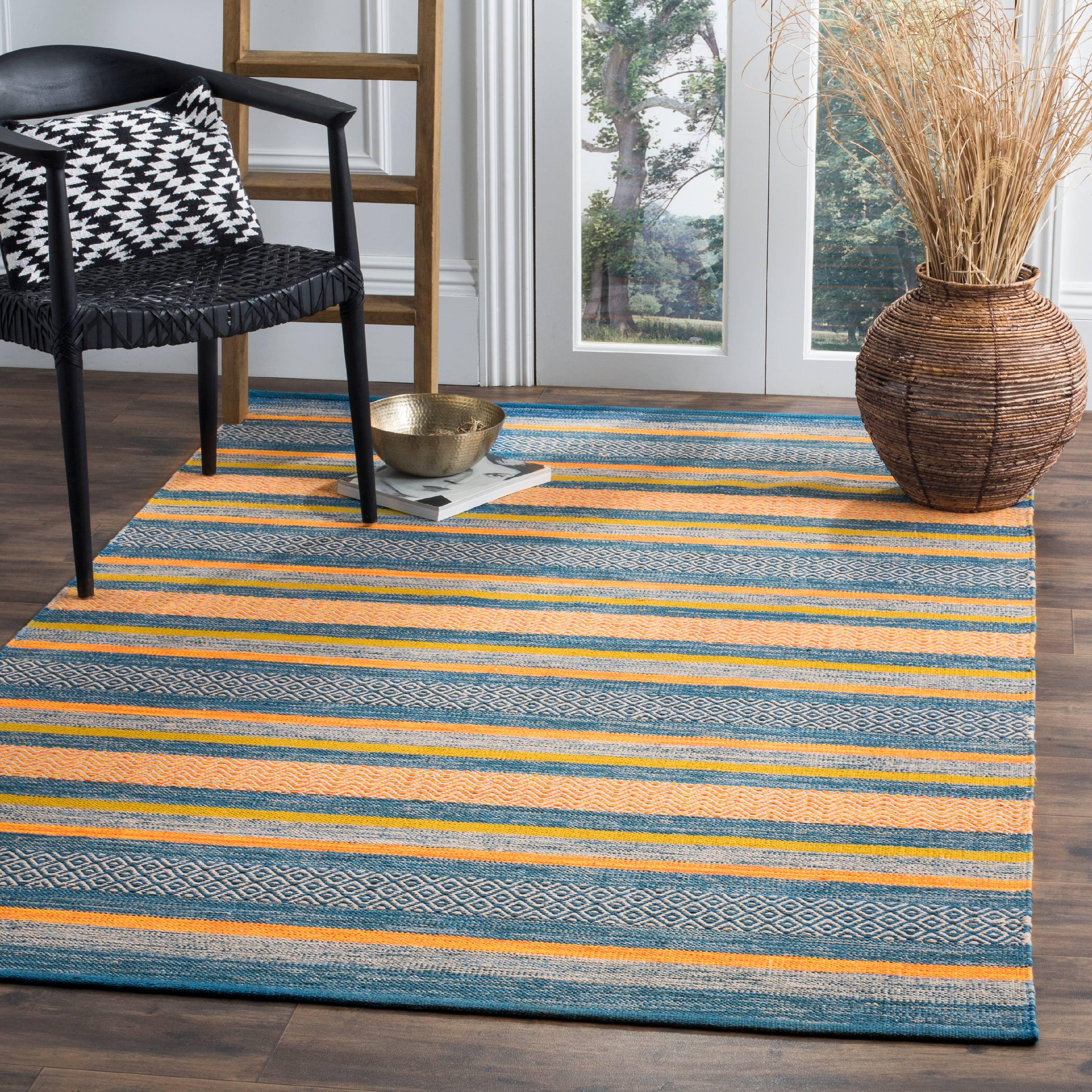 Montauk Blue and Orange Handwoven Cotton Area Rug, 5' x 8'