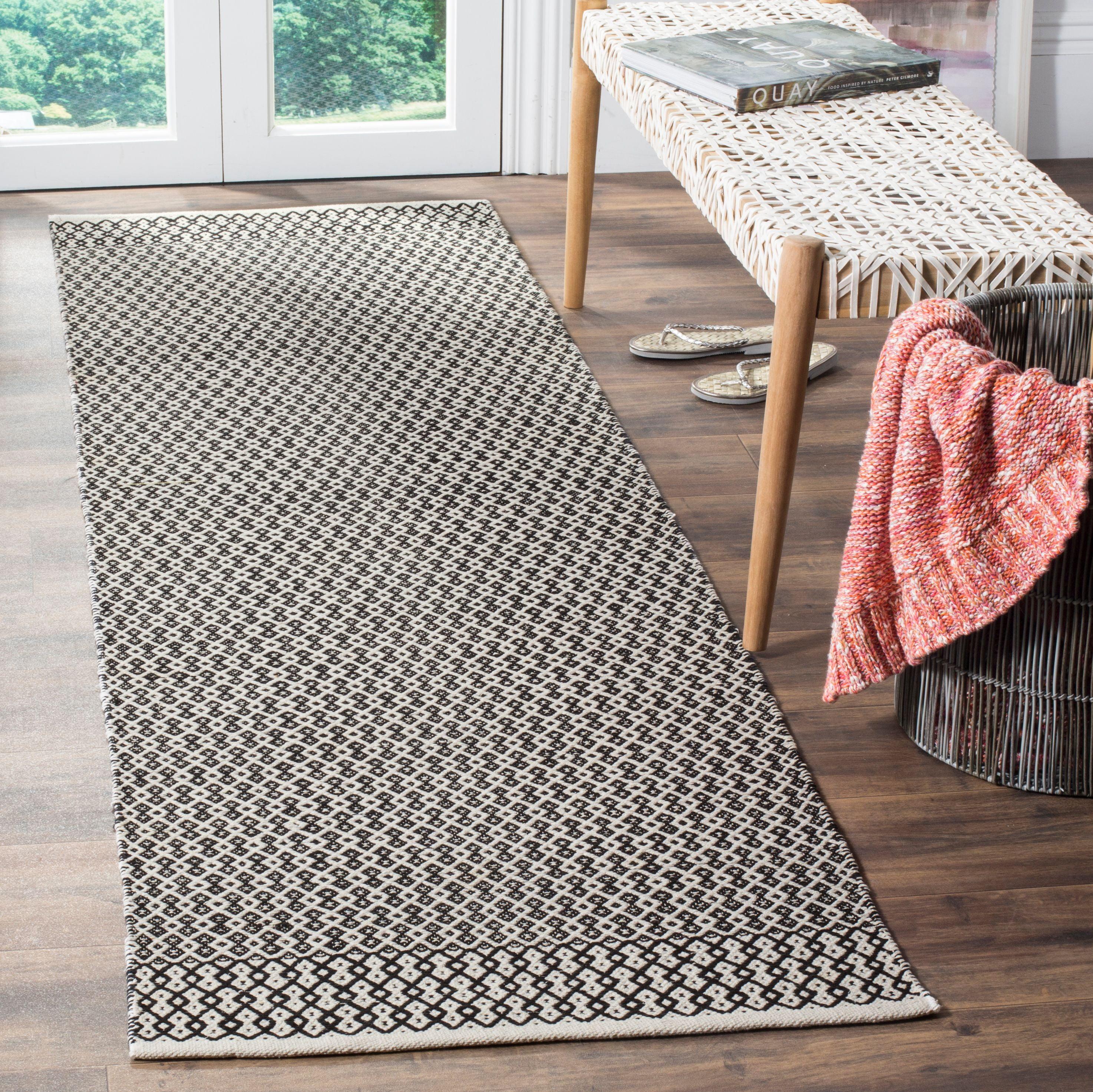 Ivory & Black Handwoven Cotton-Wool Blend Runner Rug