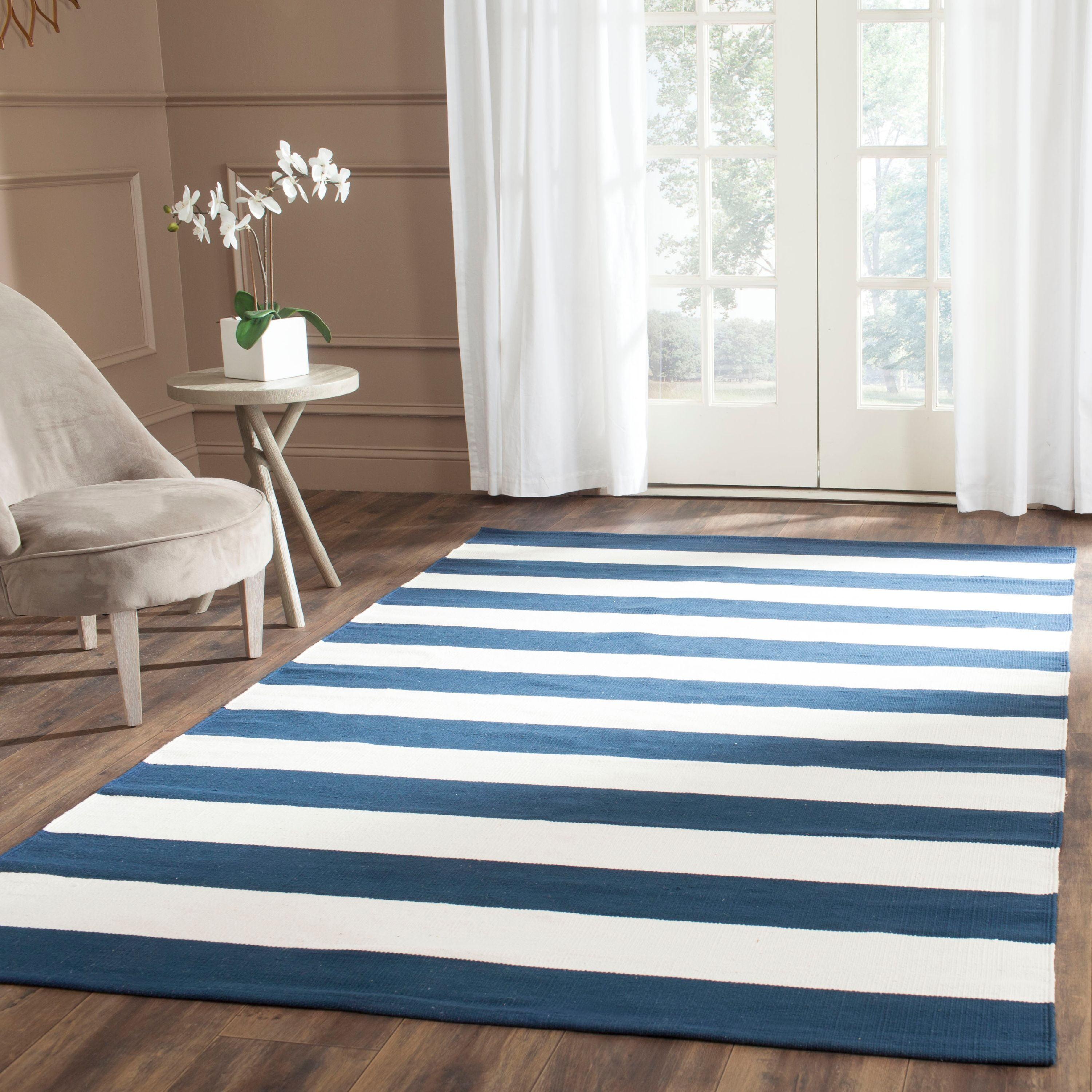 Navy/Ivory 8' x 8' Square Handwoven Cotton Striped Rug