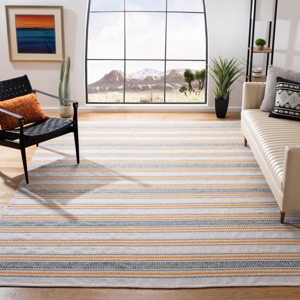 Handmade Blue Flat Woven Cotton Rectangular Rug