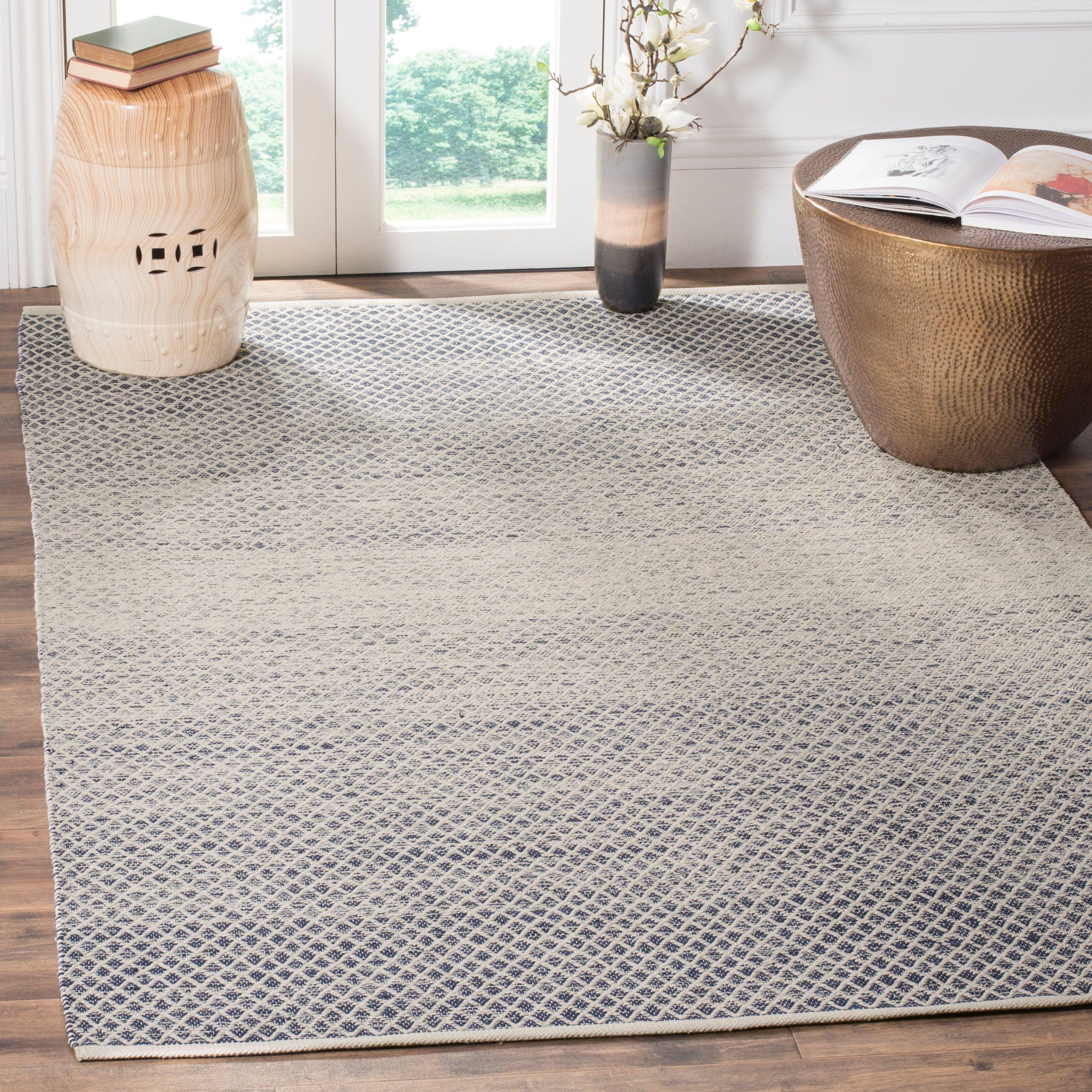 Ivory and Navy Hand-Woven Cotton Square Rug