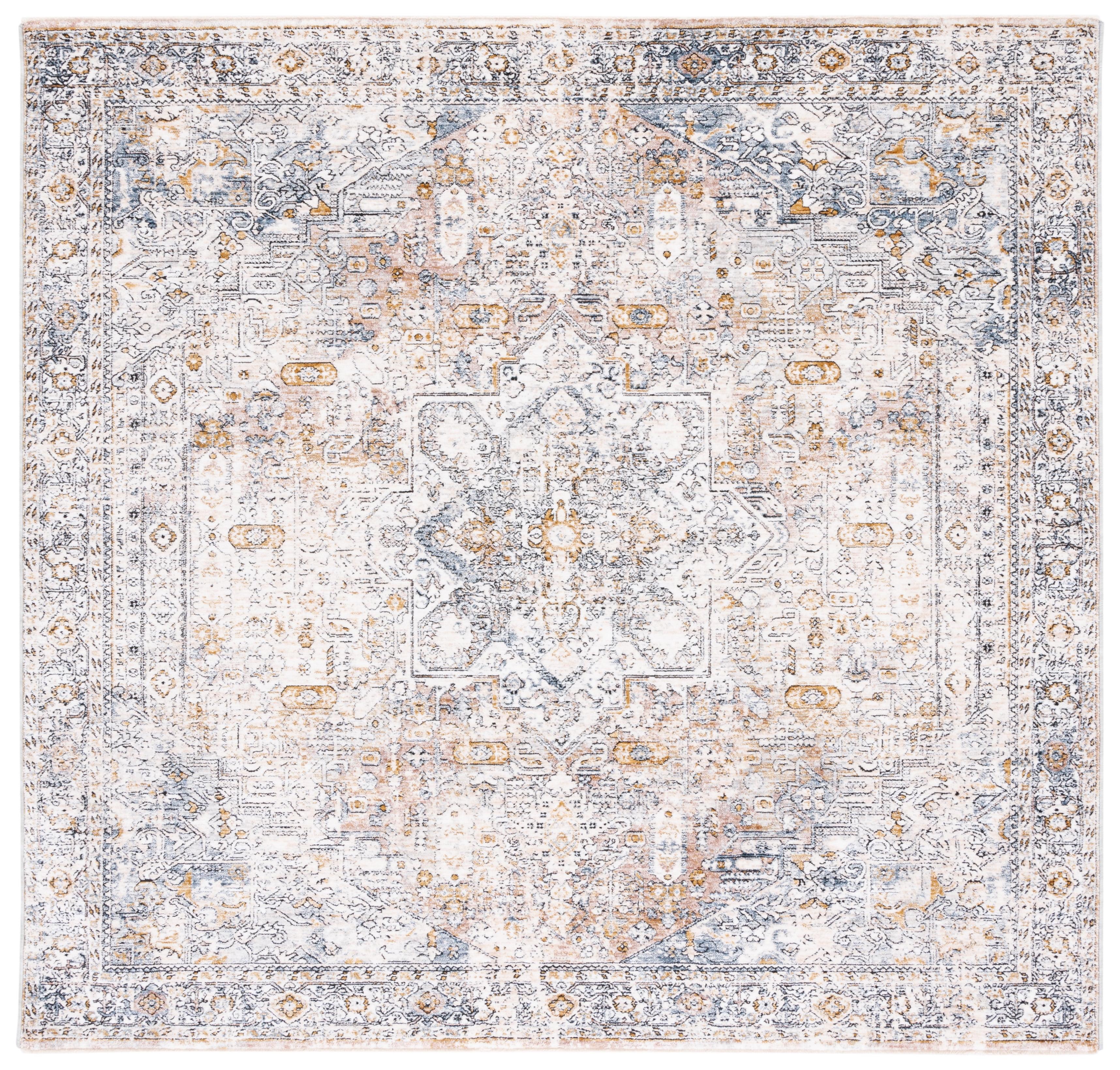 Ivory and Blue Square Oriental Synthetic Area Rug