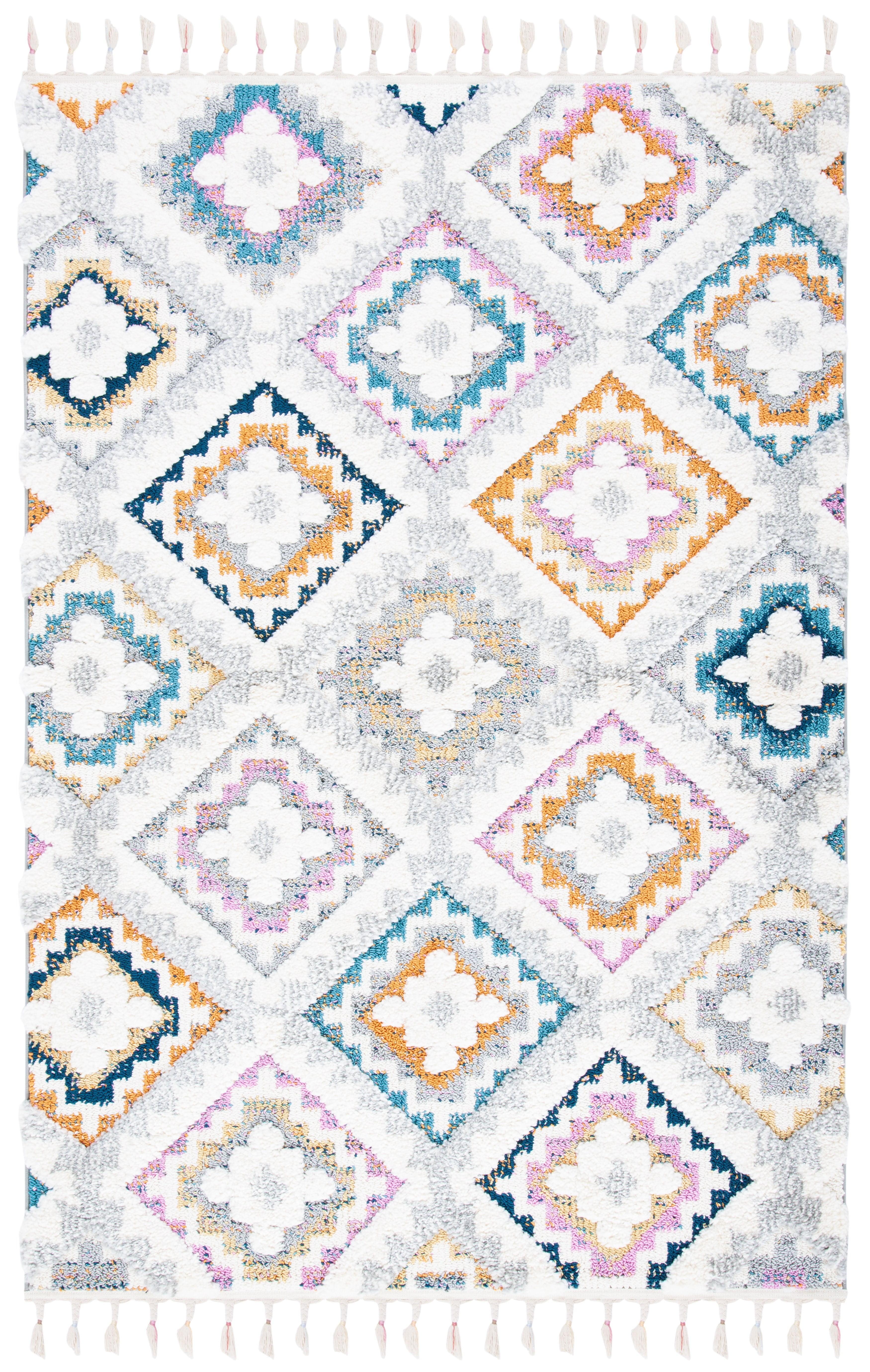 SAFAVIEH Moroccan Fringe Amelia Southwestern Shag Area Rug, Grey/Ivory, 9' x 12'