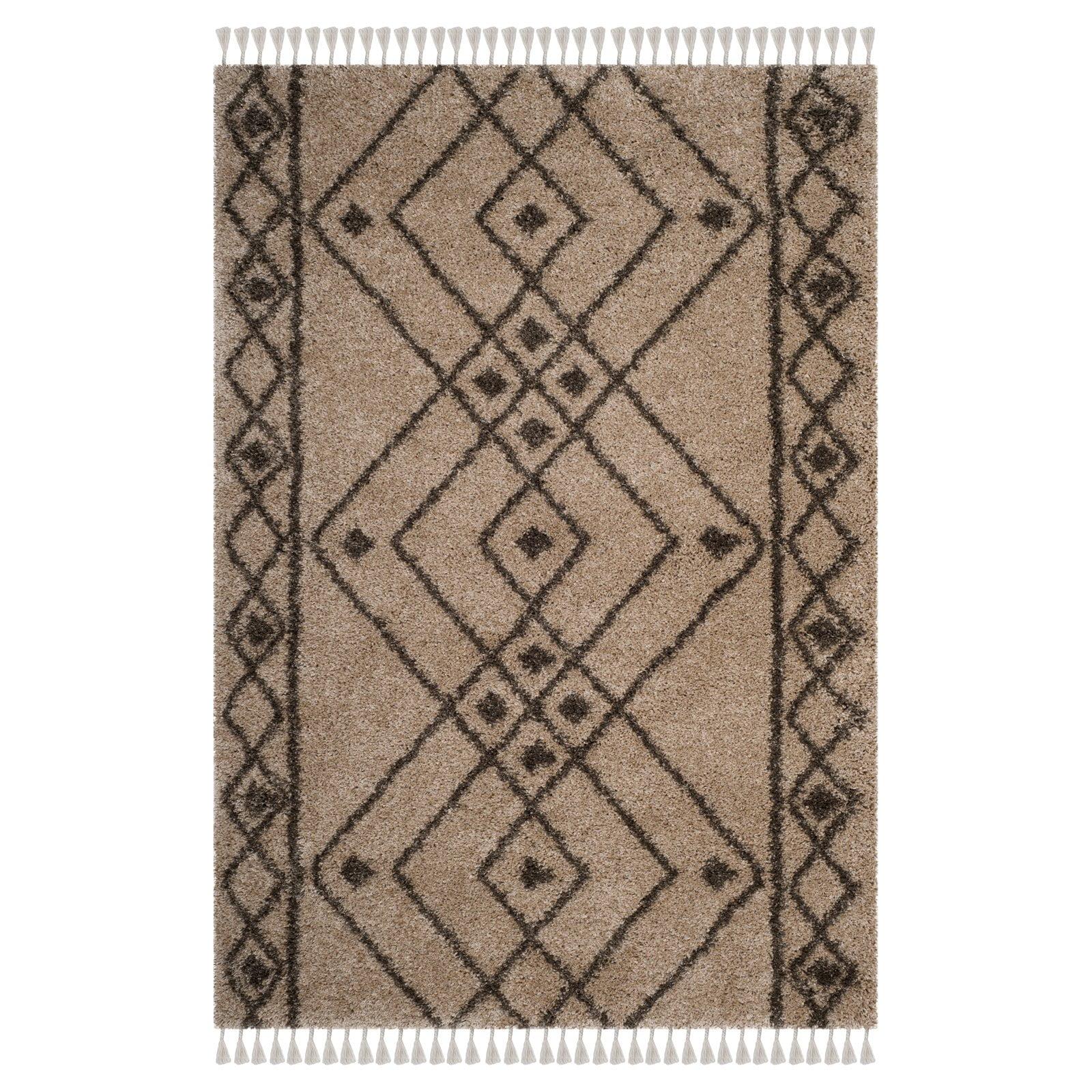 Taupe and Greige Geometric Shag Area Rug with Fringe, 4' x 6'