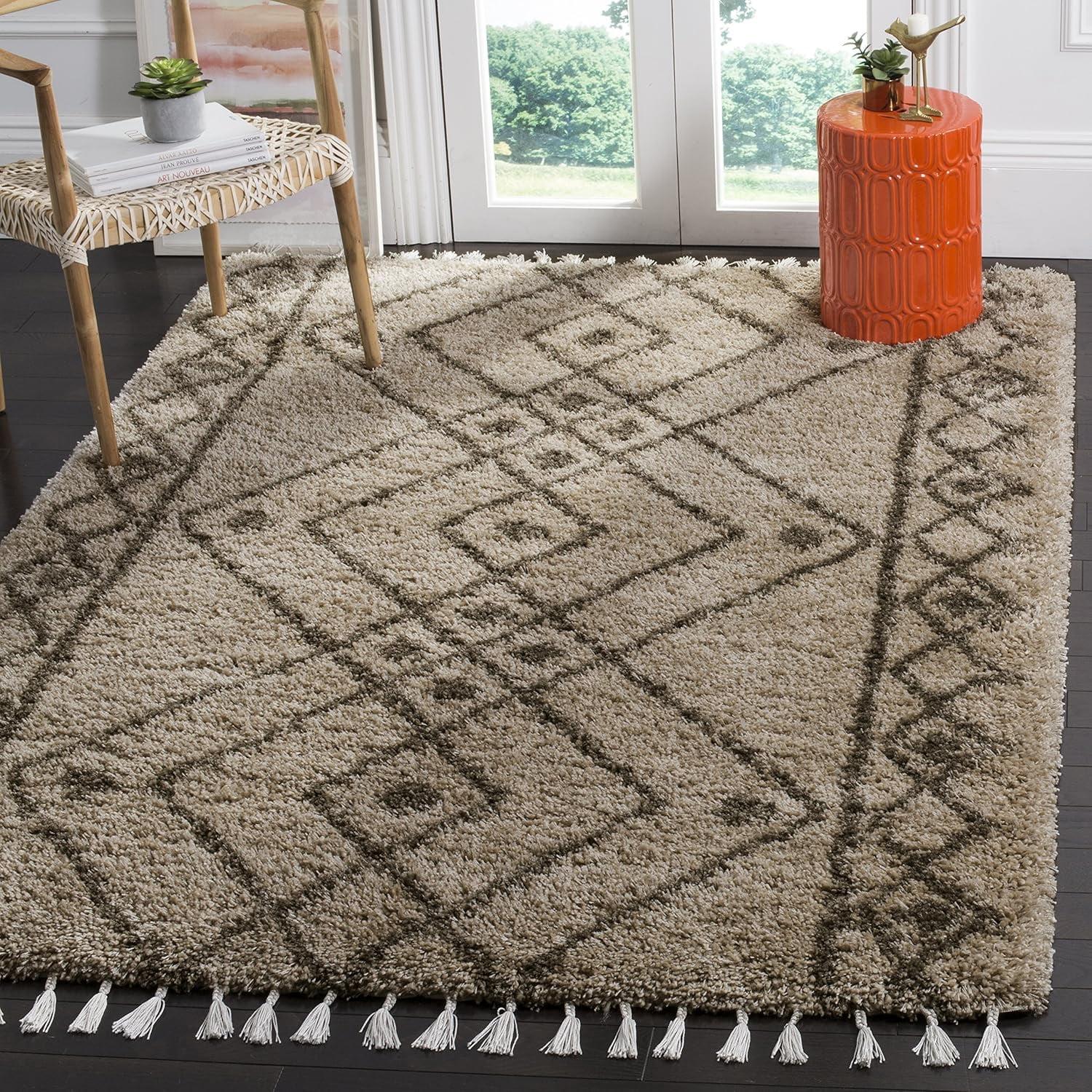 Taupe and Greige Geometric Shag Area Rug with Fringe, 4' x 6'