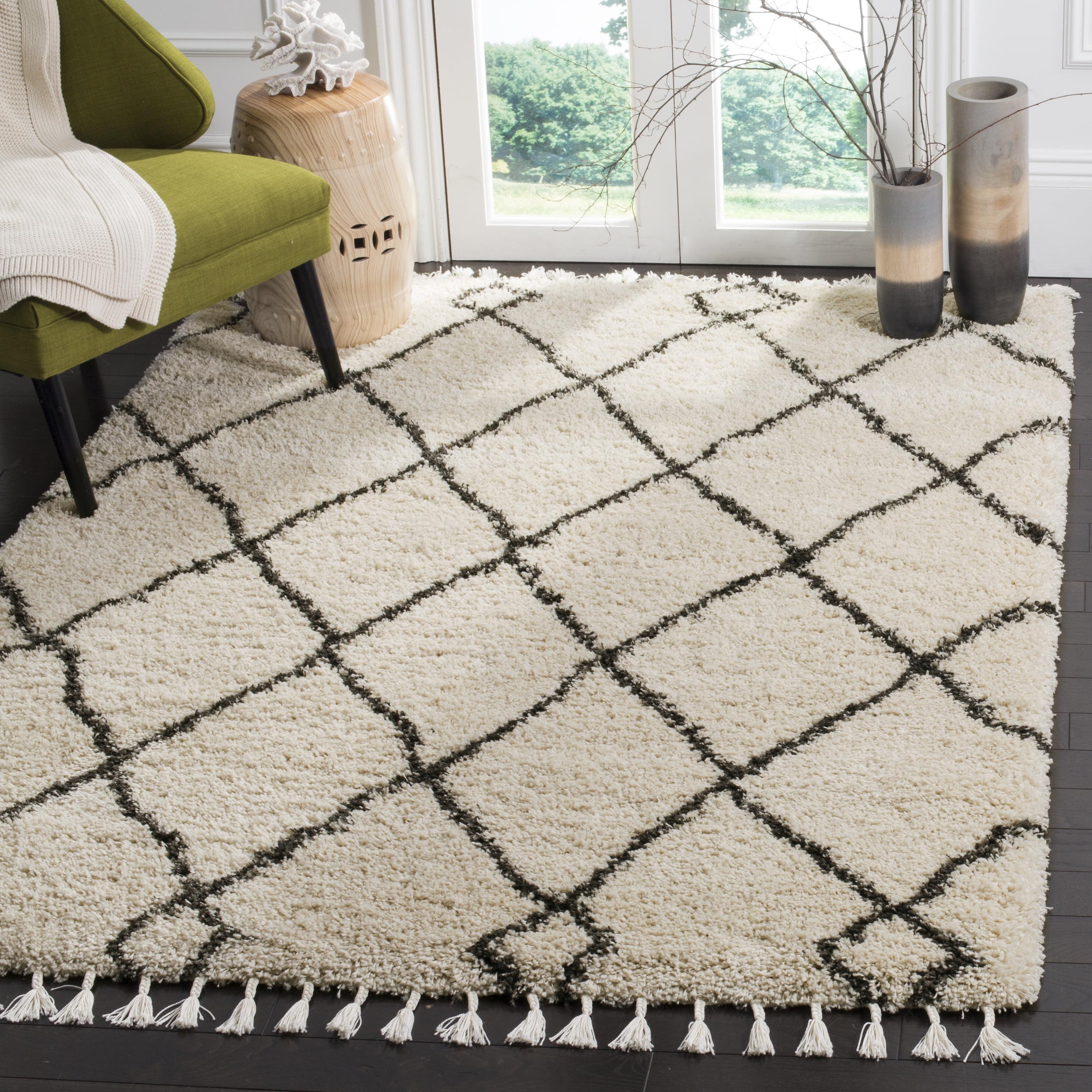 Cream and Charcoal Wool Shag Area Rug with Fringe, 10' x 14'