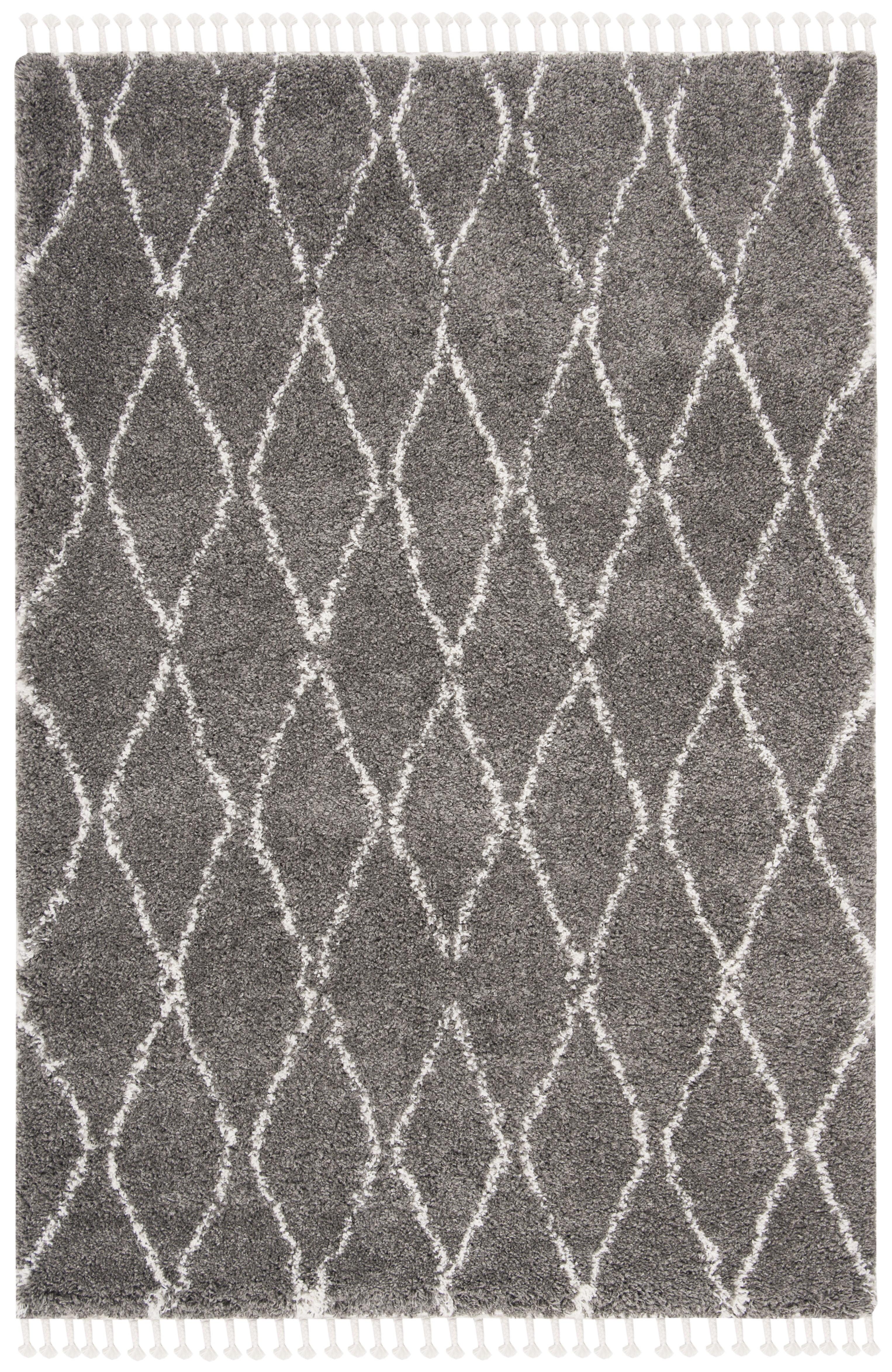 SAFAVIEH Moroccan Fringe Nina Geometric Plush Area Rug, Grey/Ivory, 4' x 6'