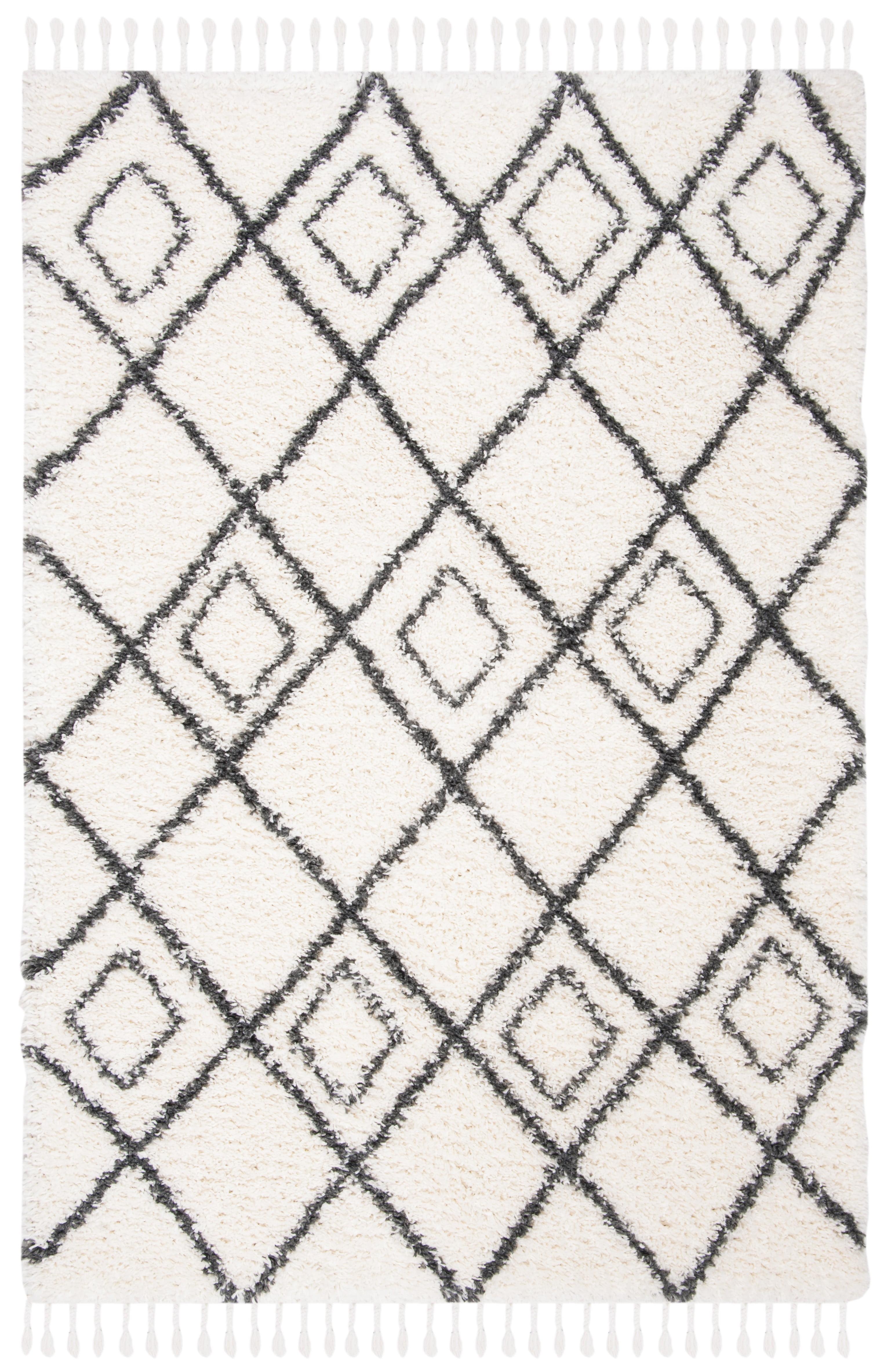 SAFAVIEH Moroccan Tassel Shag Comhgham Geometric Area Rug, Ivory/Dark Grey, 5'3" x 7'6"