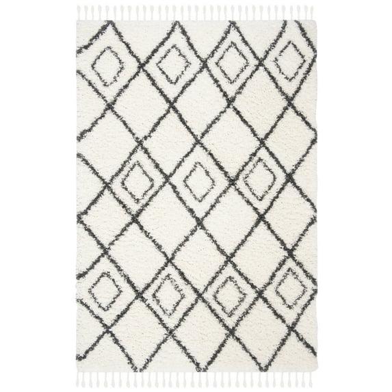 SAFAVIEH Moroccan Tassel Shag Comhgham Geometric Area Rug, Ivory/Dark Grey, 5'3" x 7'6"