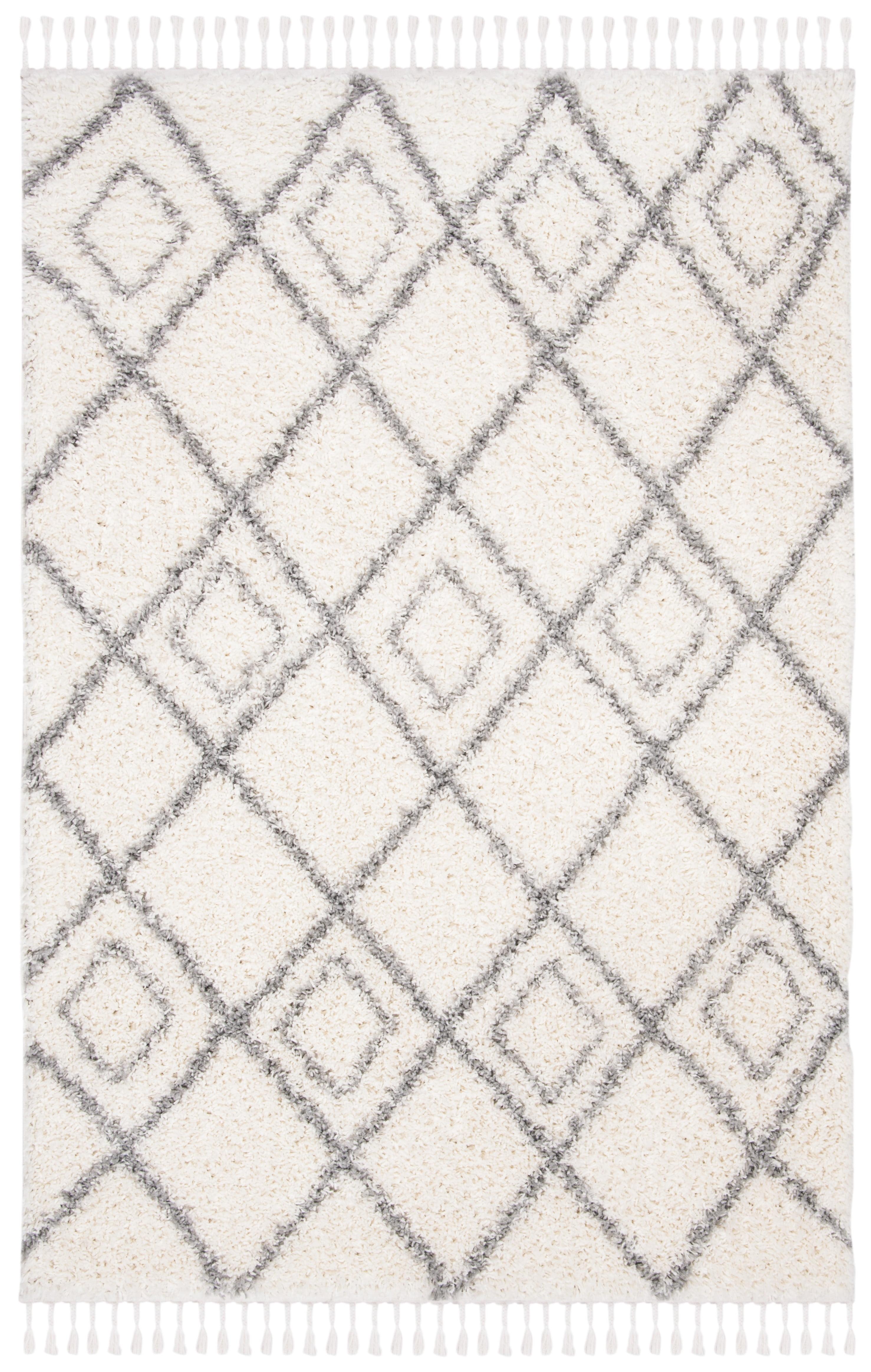 Ivory and Light Grey Diamond Shag Round Rug, 59" Synthetic