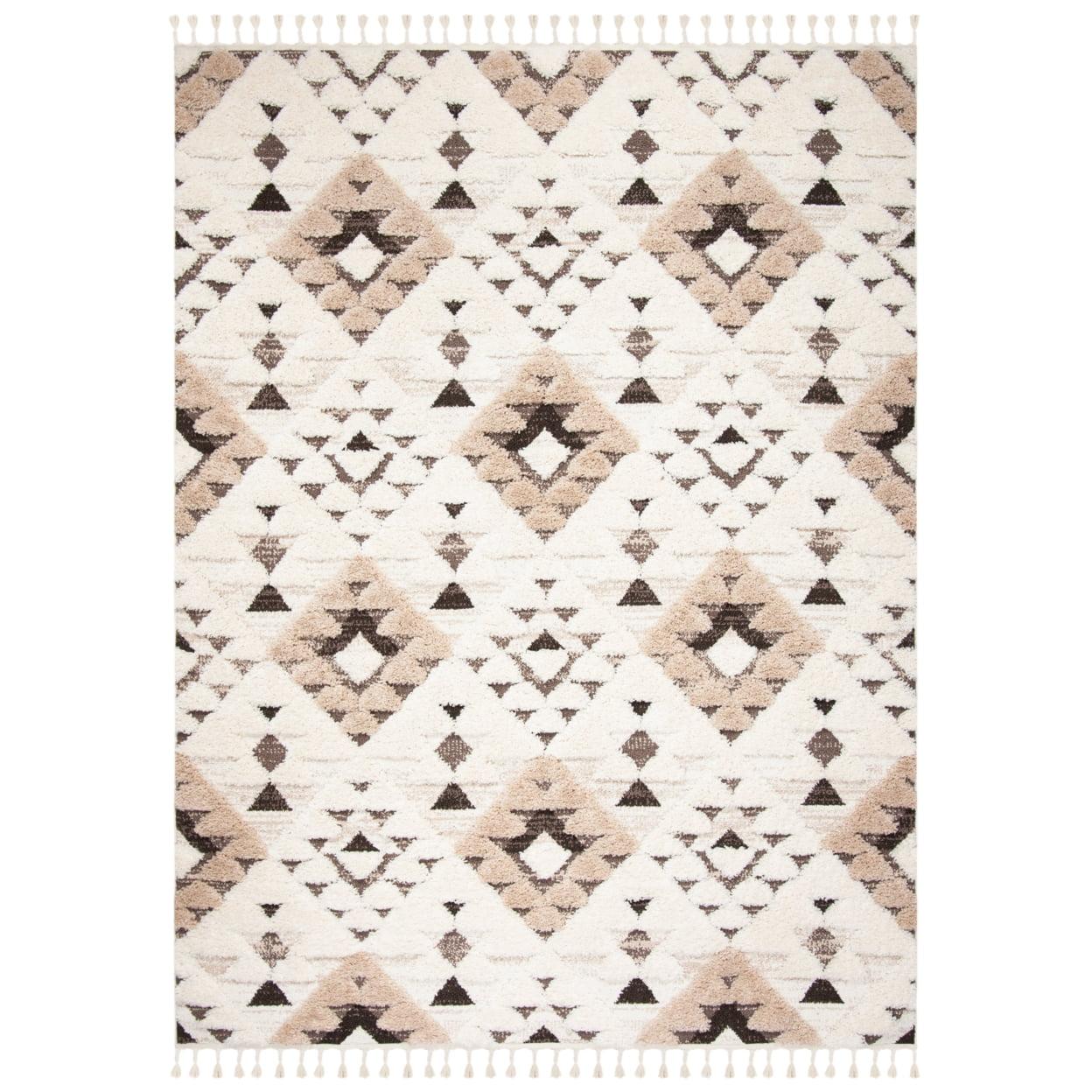 SAFAVIEH Moroccan Tassel Shag Larry Moroccan Geometric Area Rug, Ivory/Brown, 5'3" x 7'6"