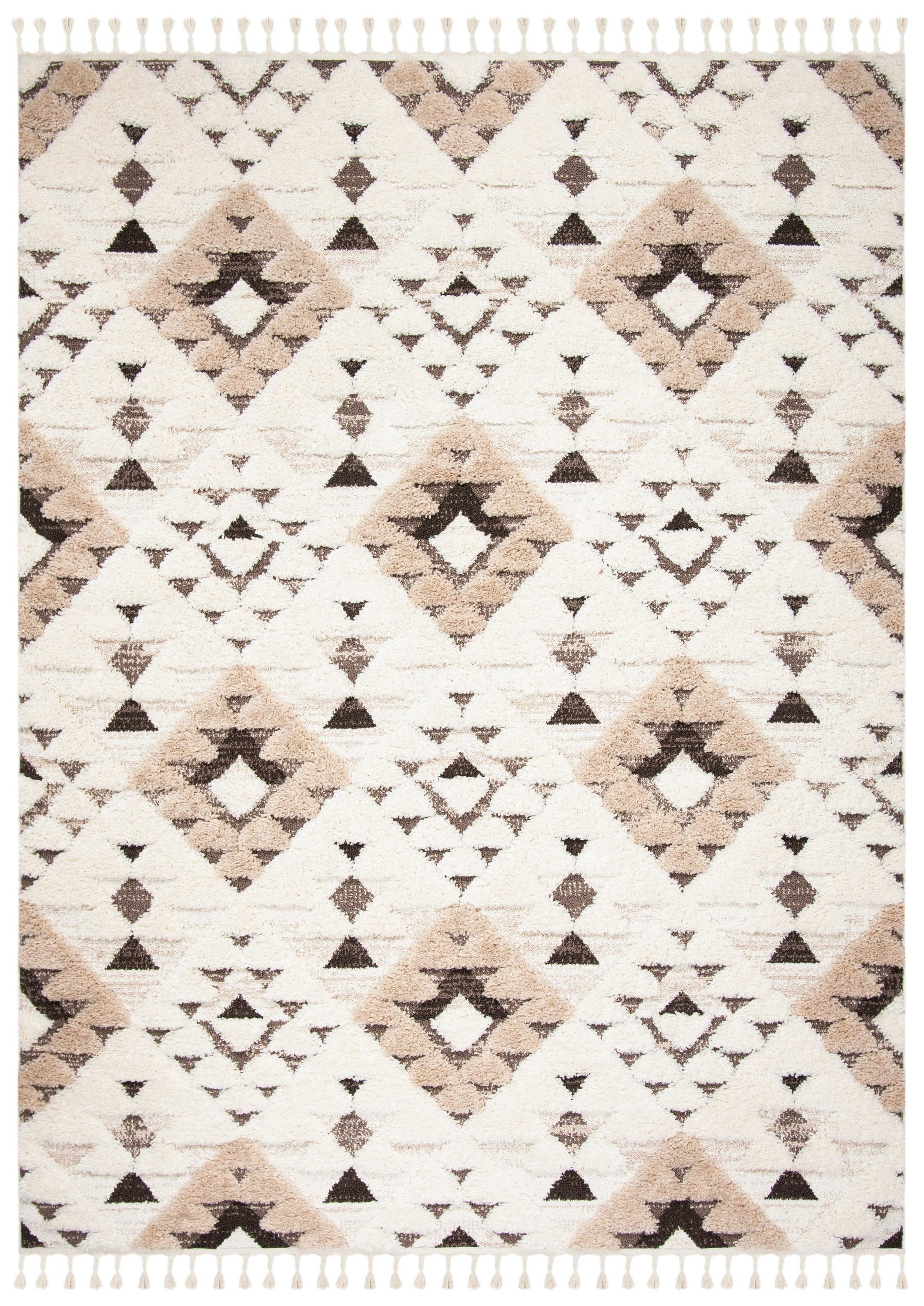 SAFAVIEH Moroccan Tassel Shag Larry Moroccan Geometric Area Rug, Ivory/Brown, 8' x 10'