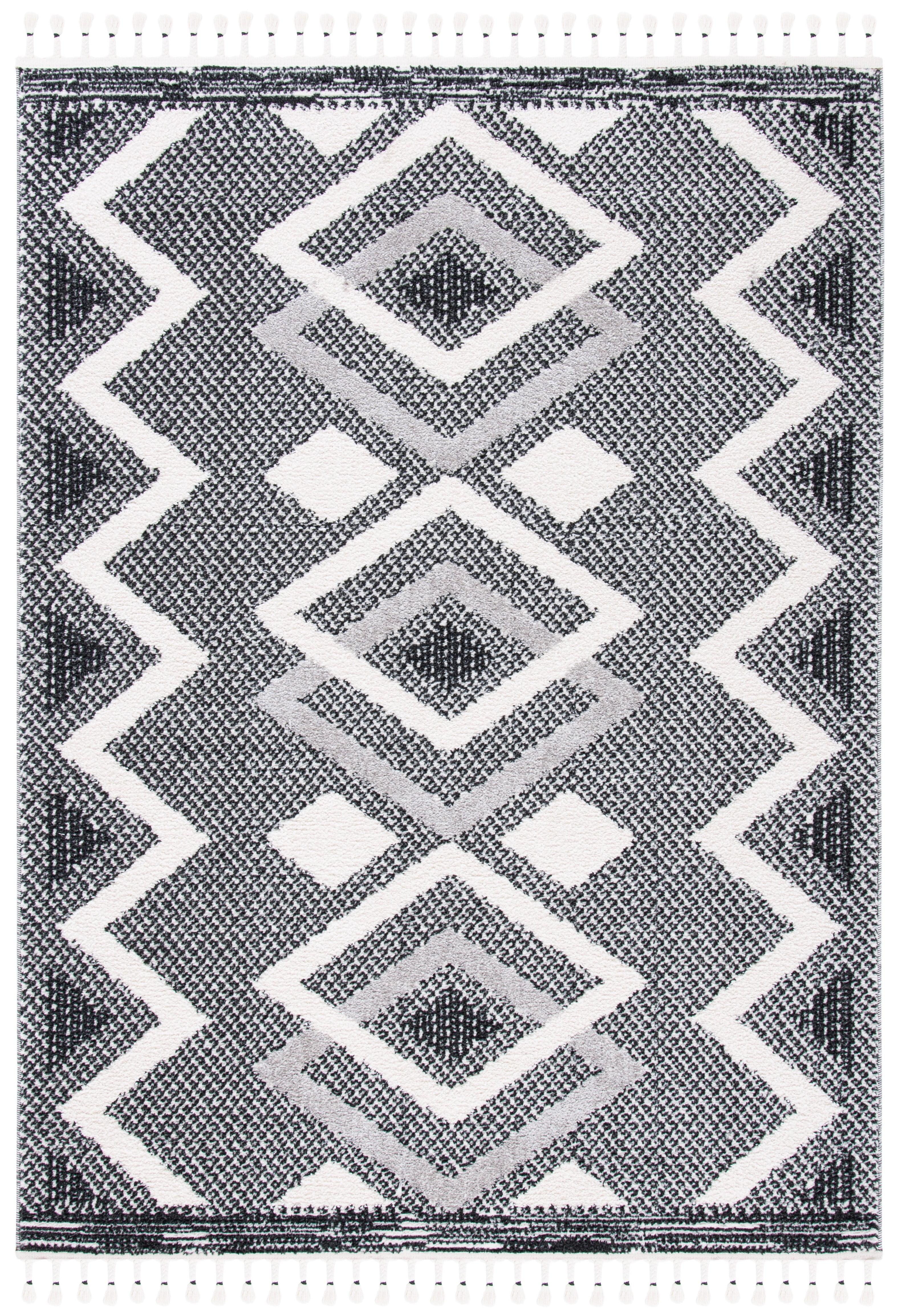 Ivory and Black Diamond Pattern Shag Area Rug with Braided Fringe