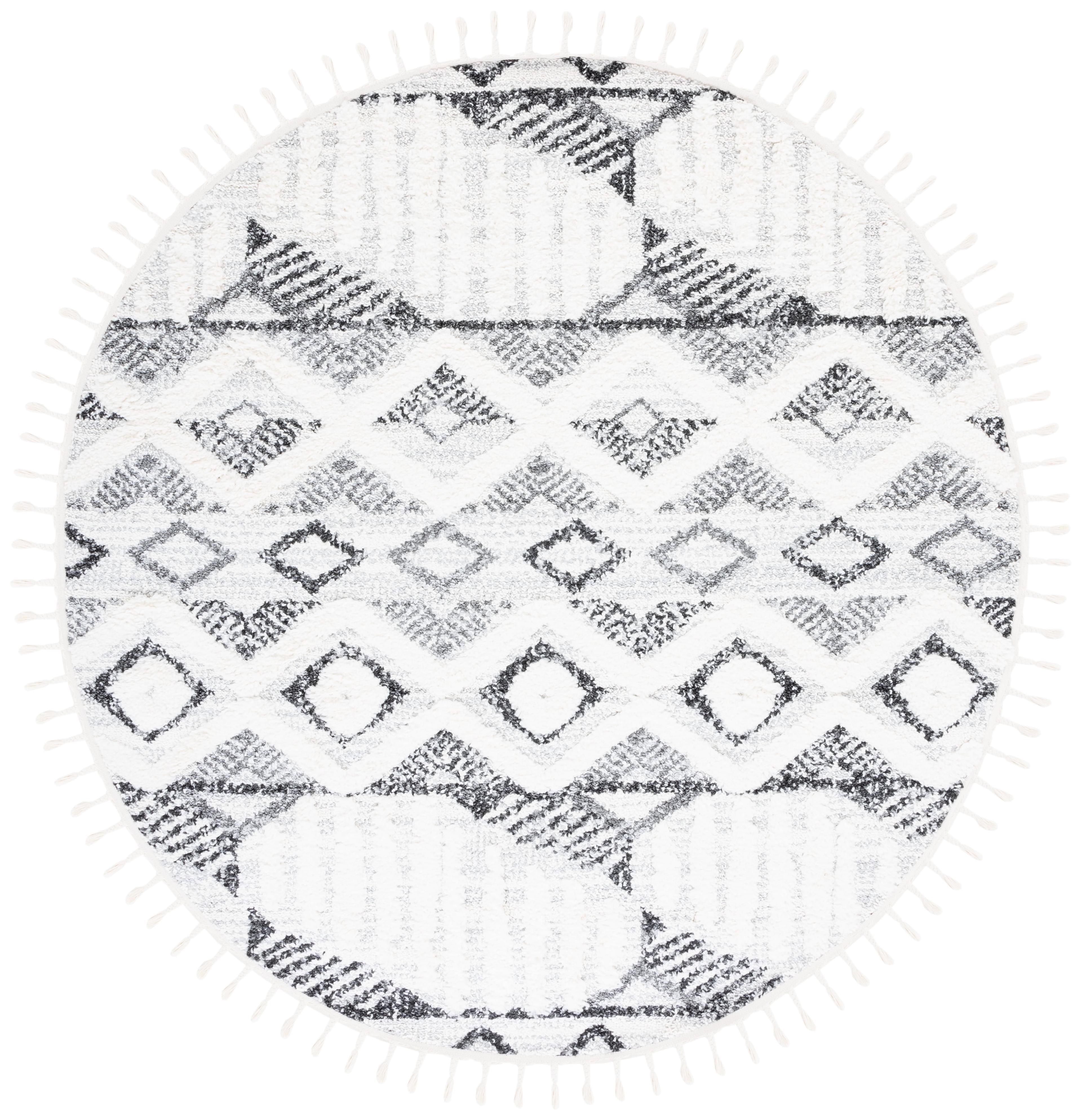 Ivory and Grey Round Braided Diamond Shag Rug