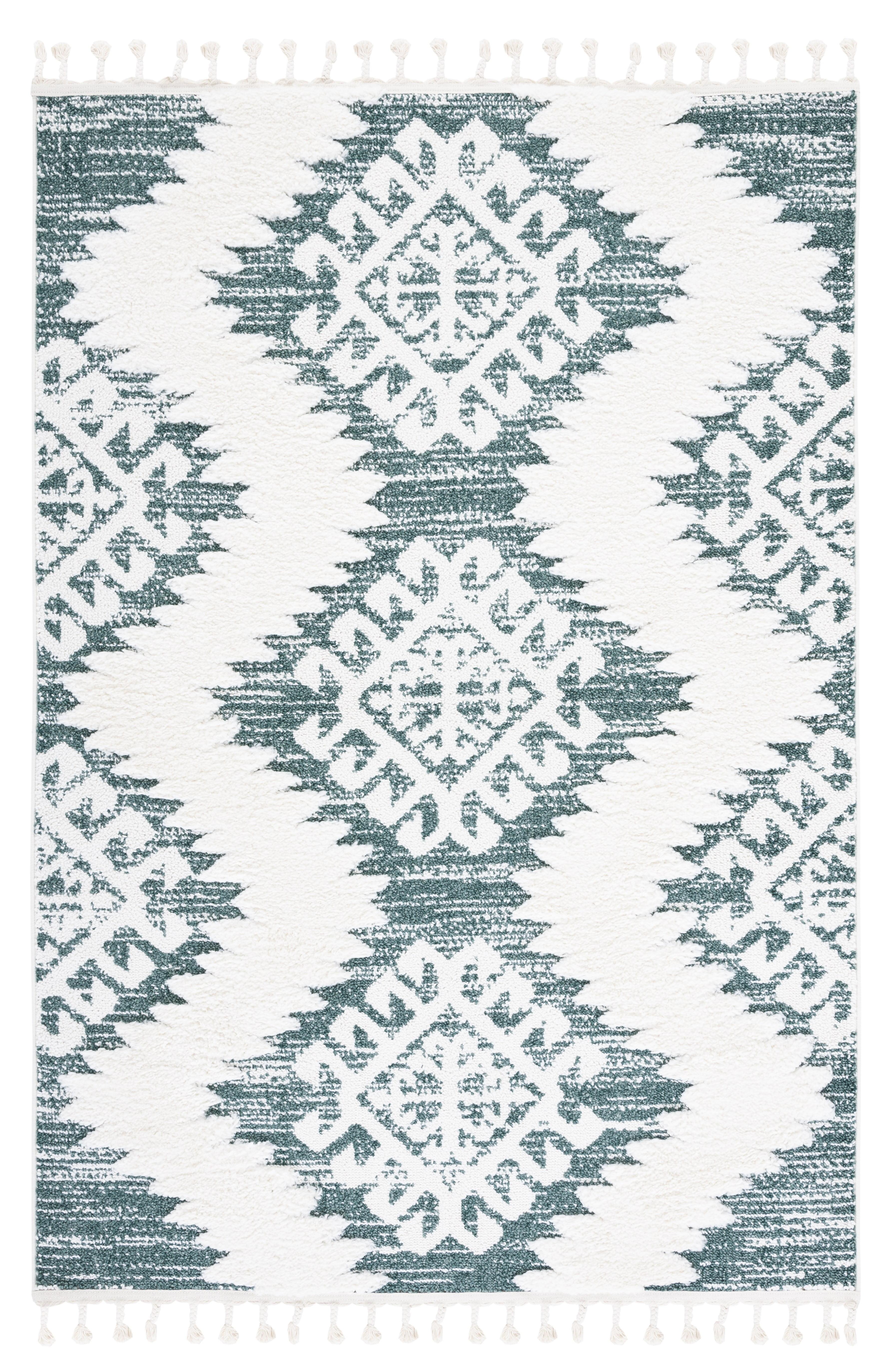 Moroccan Tassel Shag 652 Area Rug In Green / Ivory